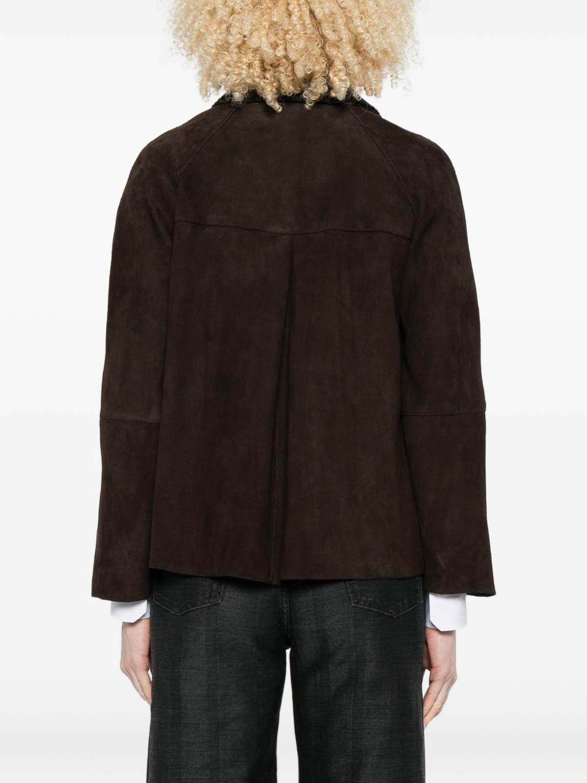 The Jack And Jackie Leathers Cropped Calf Leather Jacket With Wide Lapel In Brown