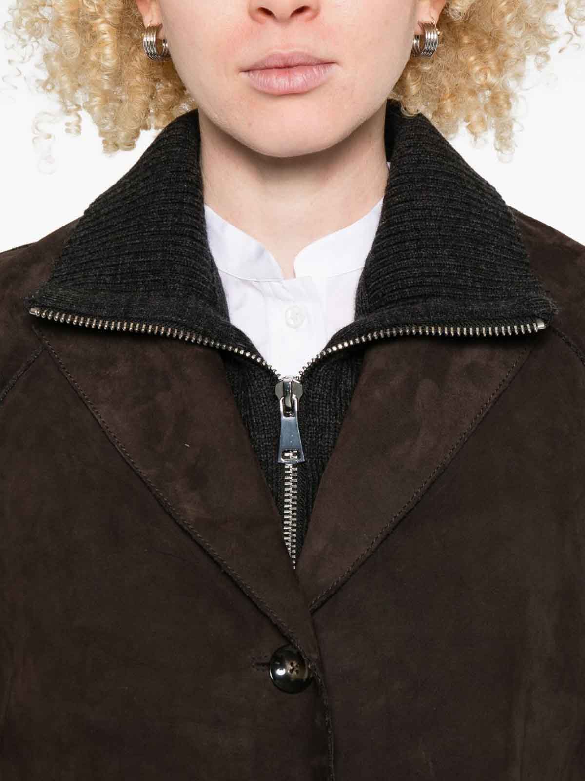 The Jack And Jackie Leathers Cropped Calf Leather Jacket With Wide Lapel In Brown
