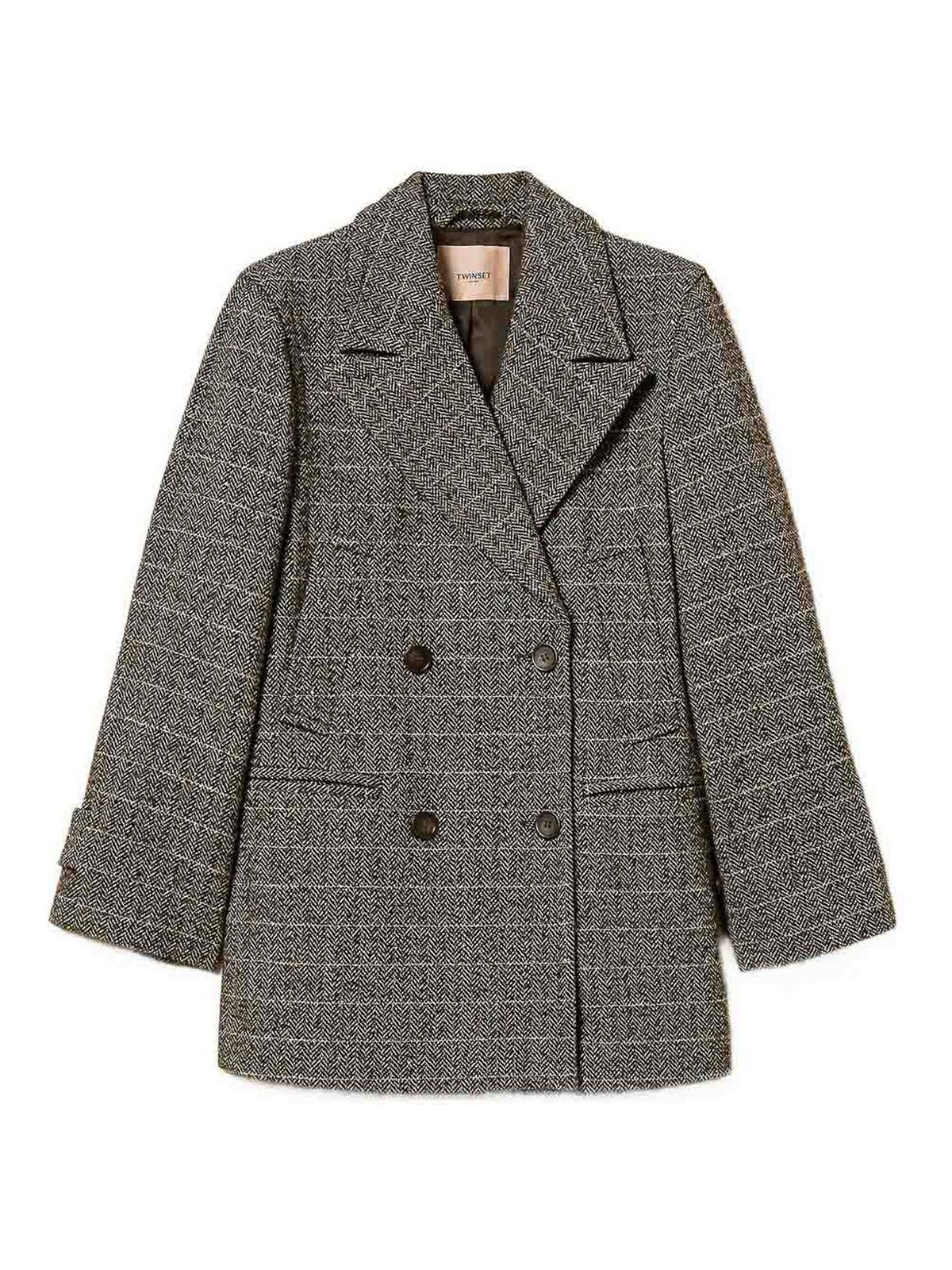 Twinset Double-breasted Checkered Coat With Notched Lapel In Brown