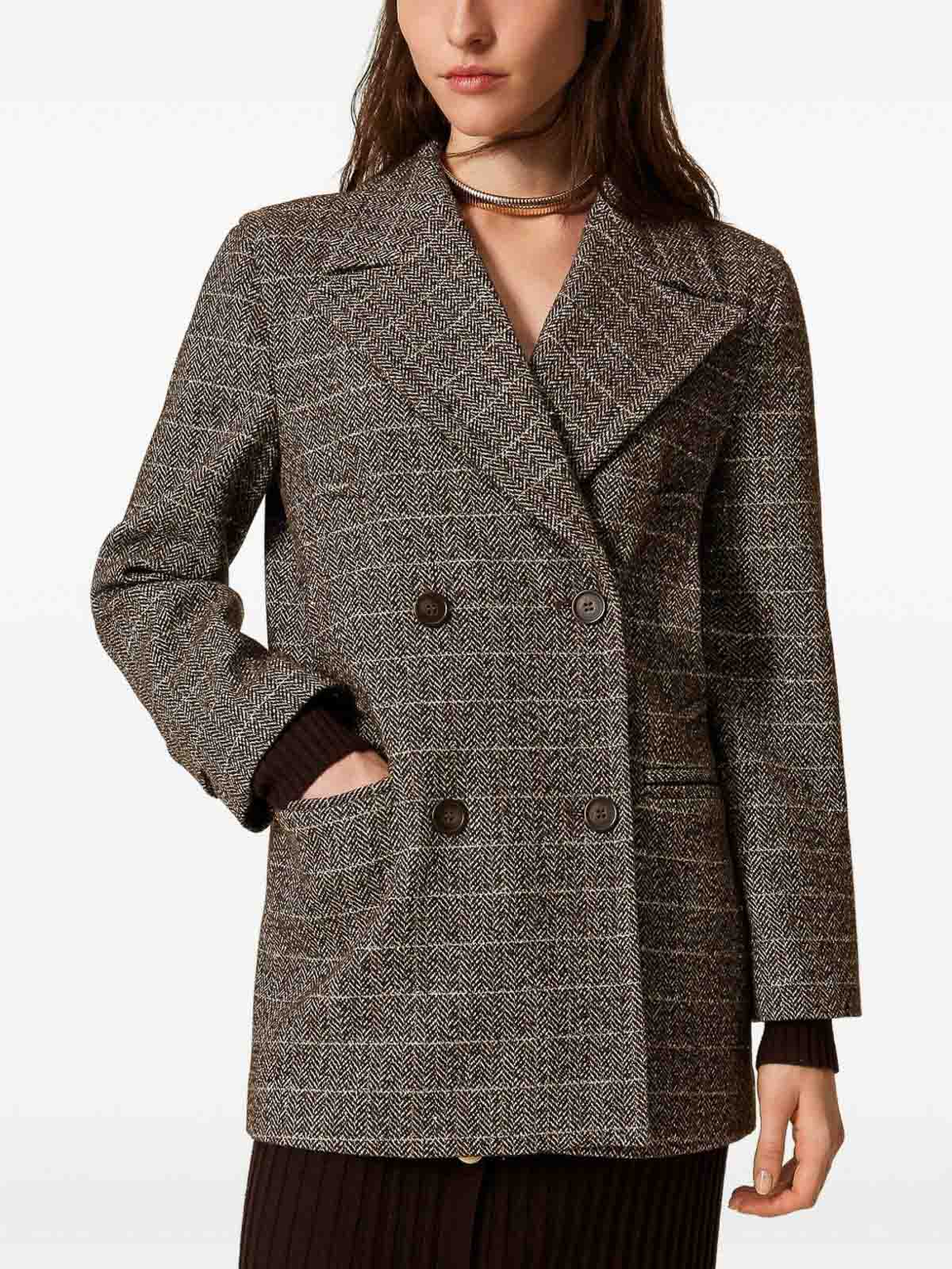 Twinset Double-breasted Checkered Coat With Notched Lapel In Brown