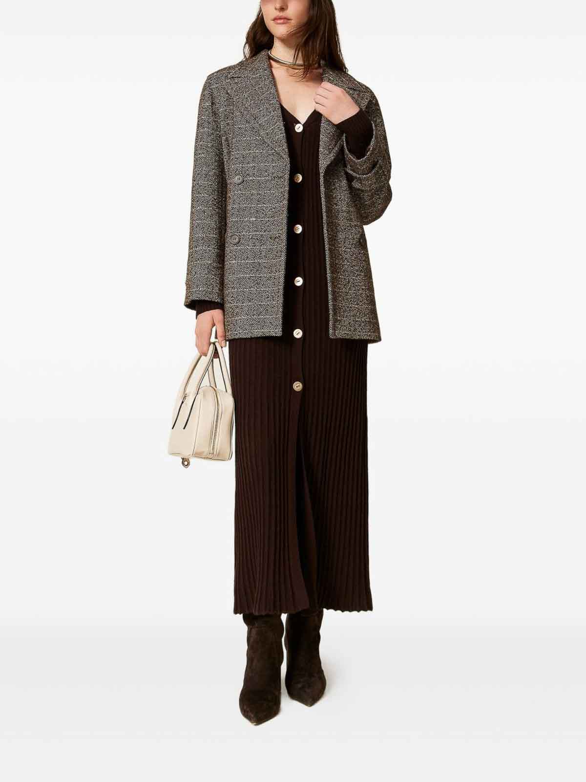 Twinset Double-breasted Checkered Coat With Notched Lapel In Brown