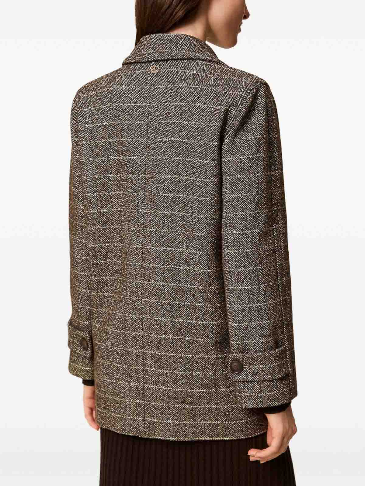 Twinset Double-breasted Checkered Coat With Notched Lapel In Brown