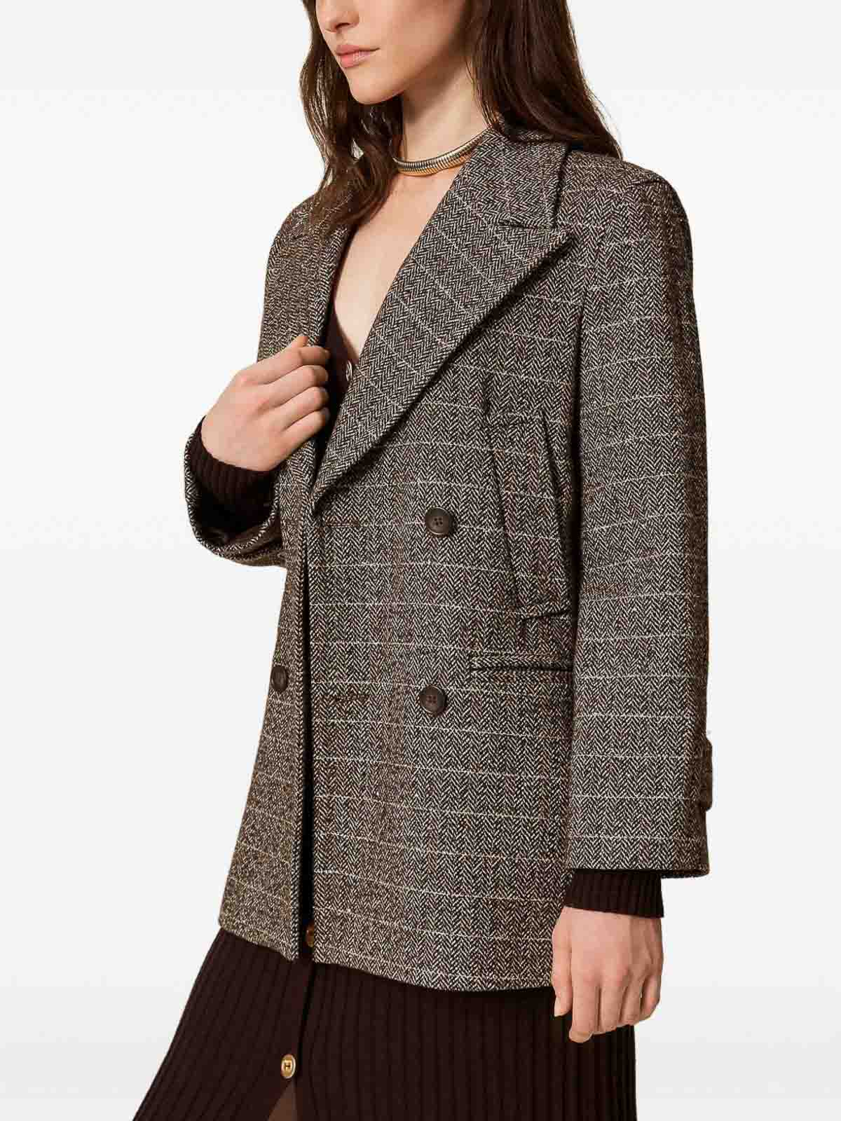 Twinset Double-breasted Checkered Coat With Notched Lapel In Brown