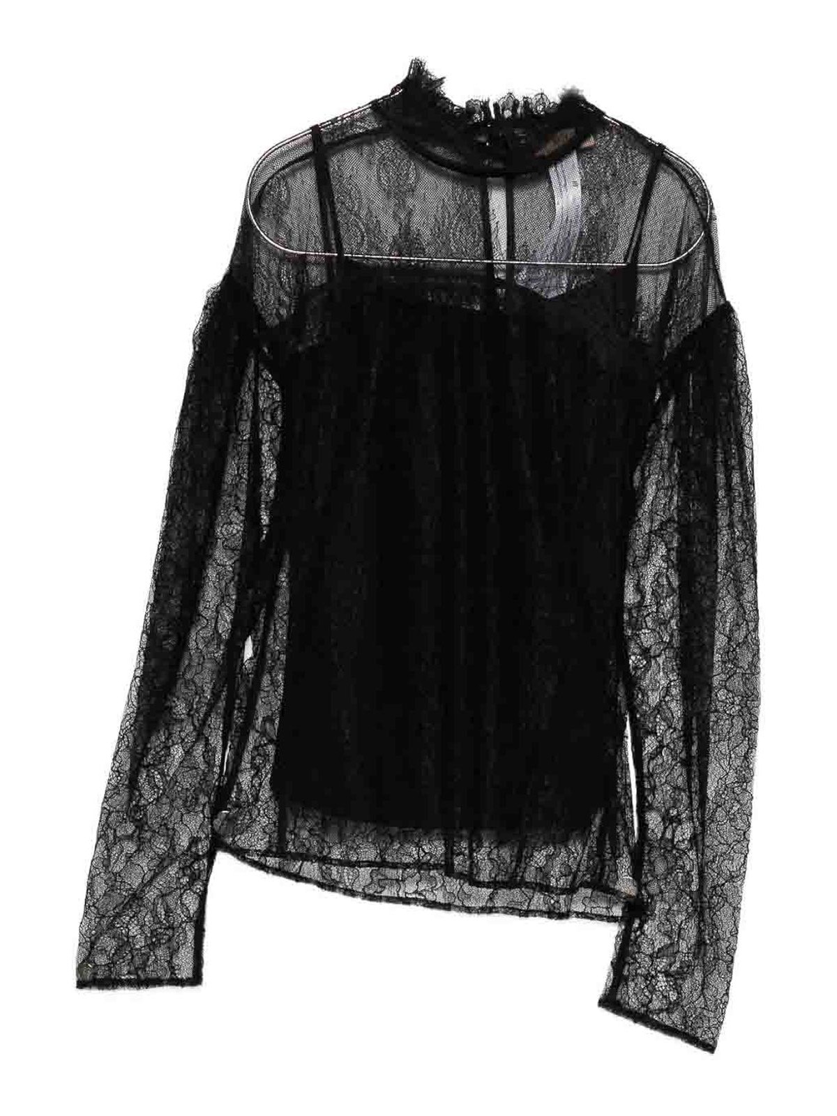 Twinset Long-sleeved Black Lace Overlay Top In Black