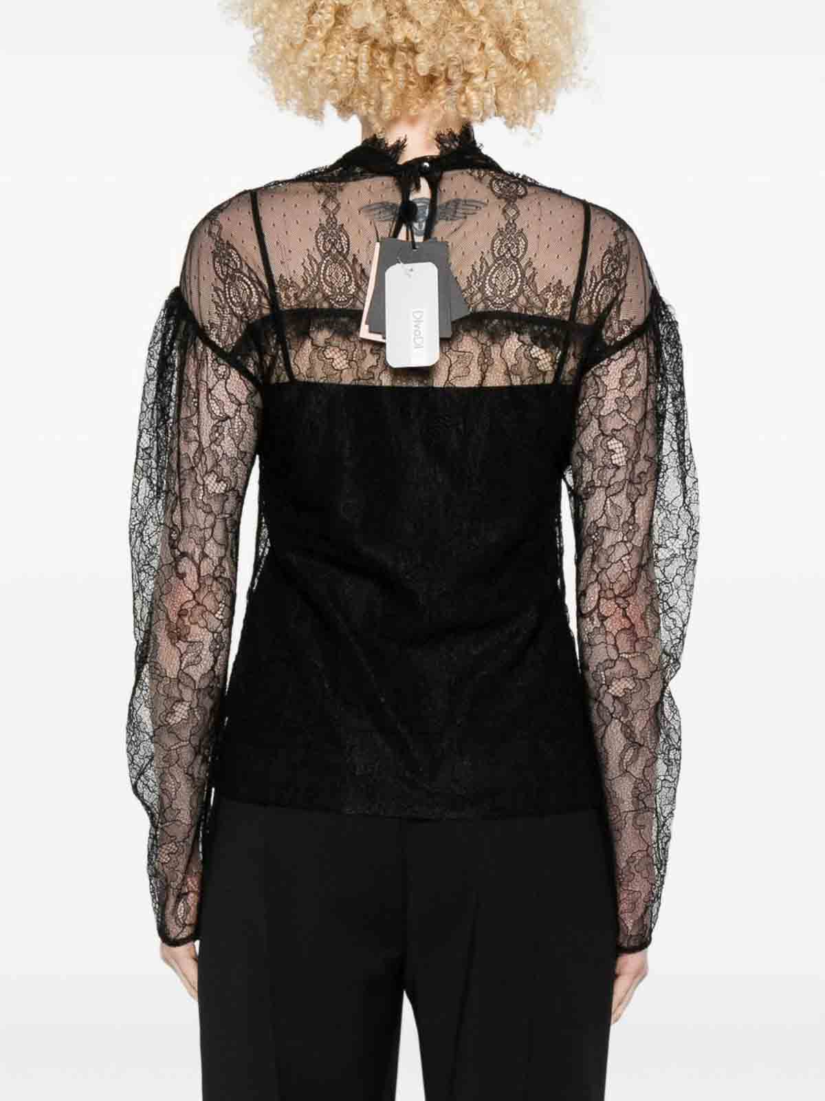 Twinset Long-sleeved Black Lace Overlay Top In Black