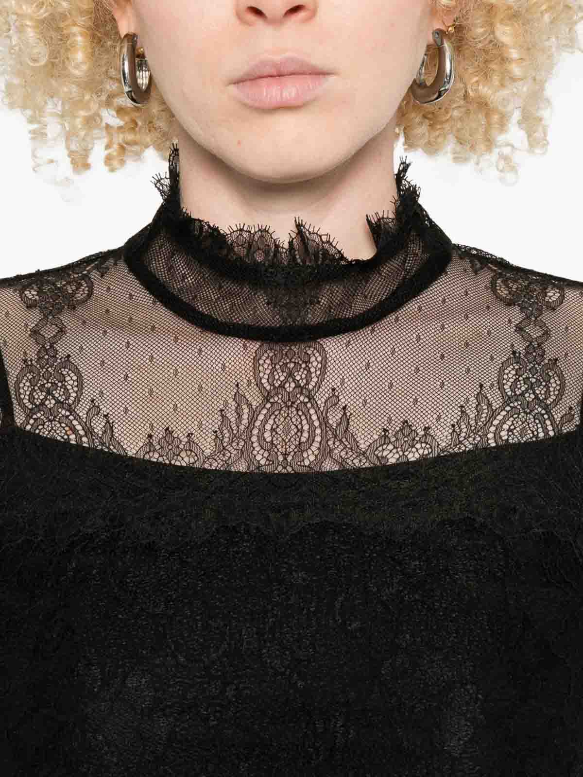 Twinset Long-sleeved Black Lace Overlay Top In Black