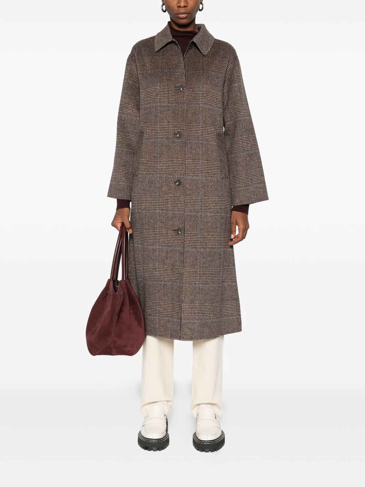 Yerse Plaid Pattern Mid-length Wool Blend Coat In Brown