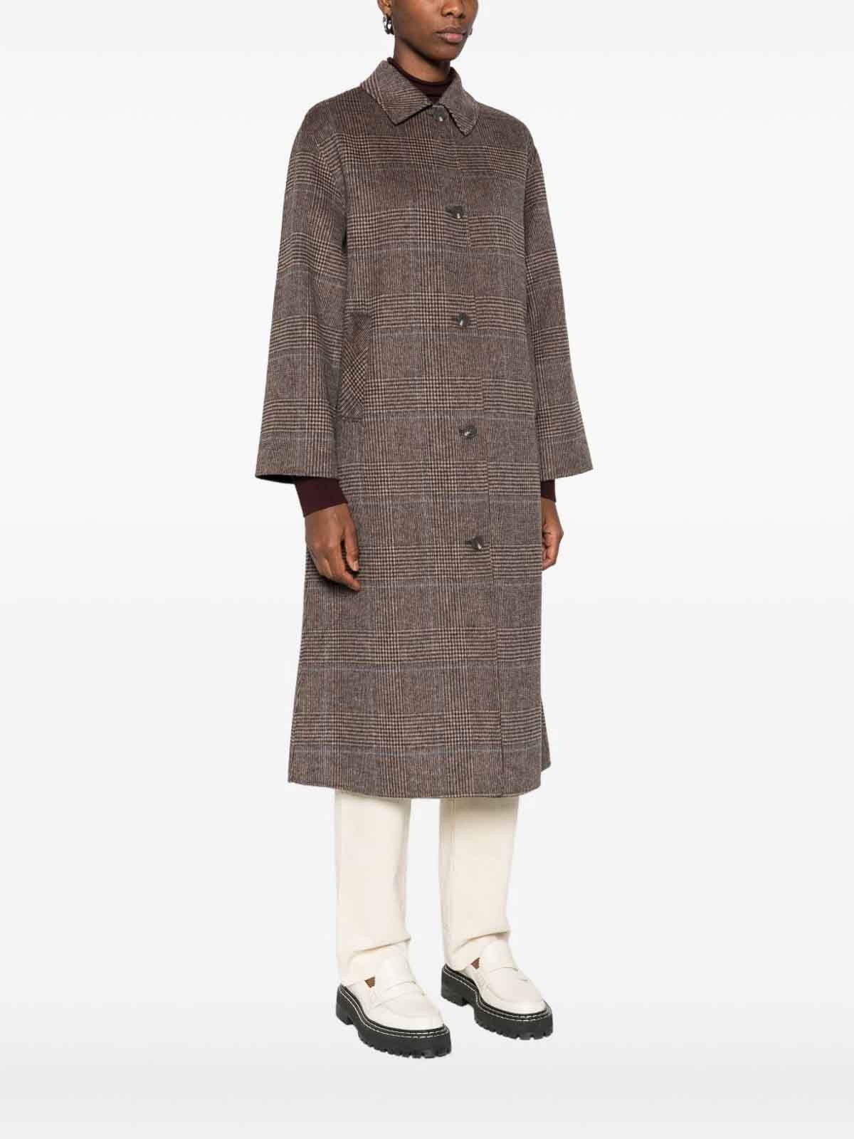 Yerse Plaid Pattern Mid-length Wool Blend Coat In Brown