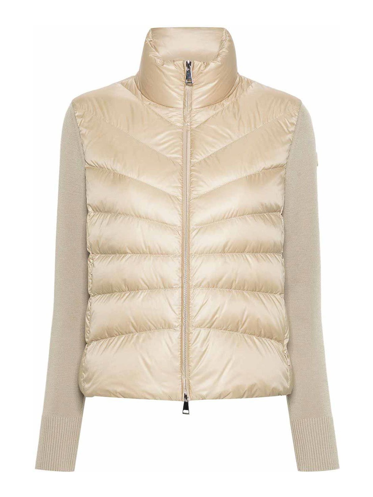 Moncler Quilted High Neck Two-material Cardigan With Feather Padding In Neutral