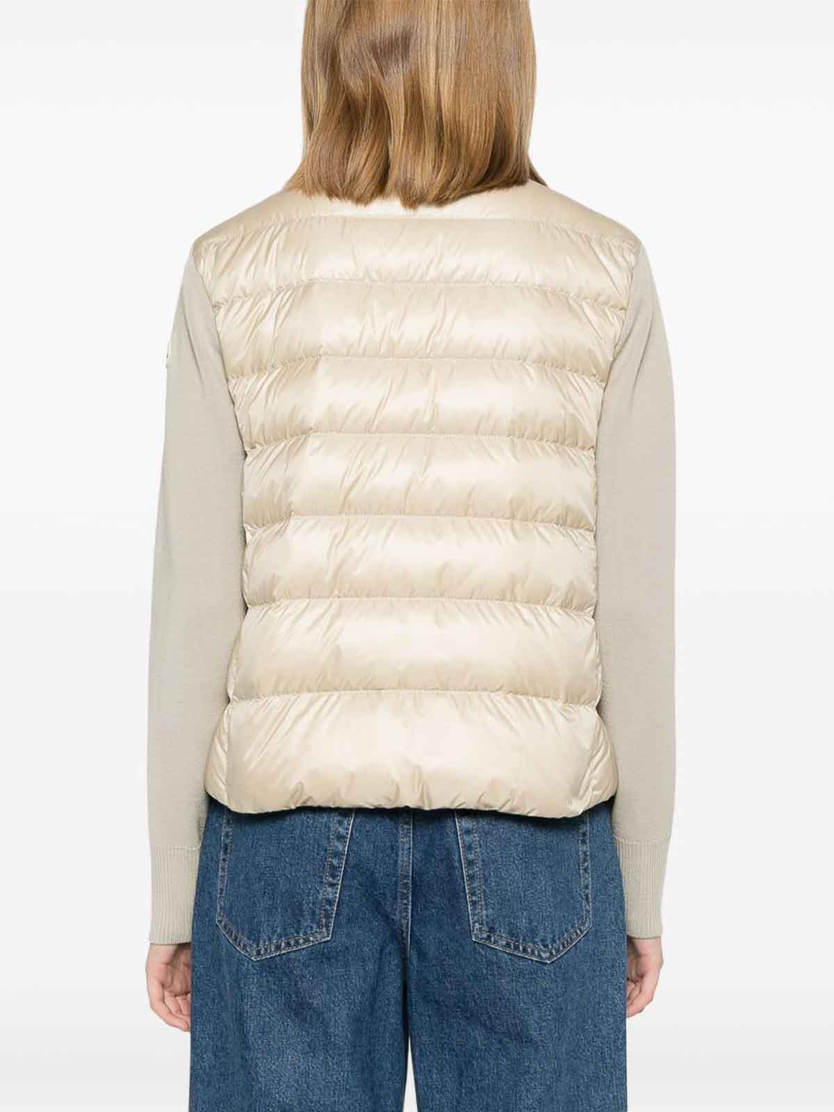 Moncler Quilted High Neck Two-material Cardigan With Feather Padding In Neutral