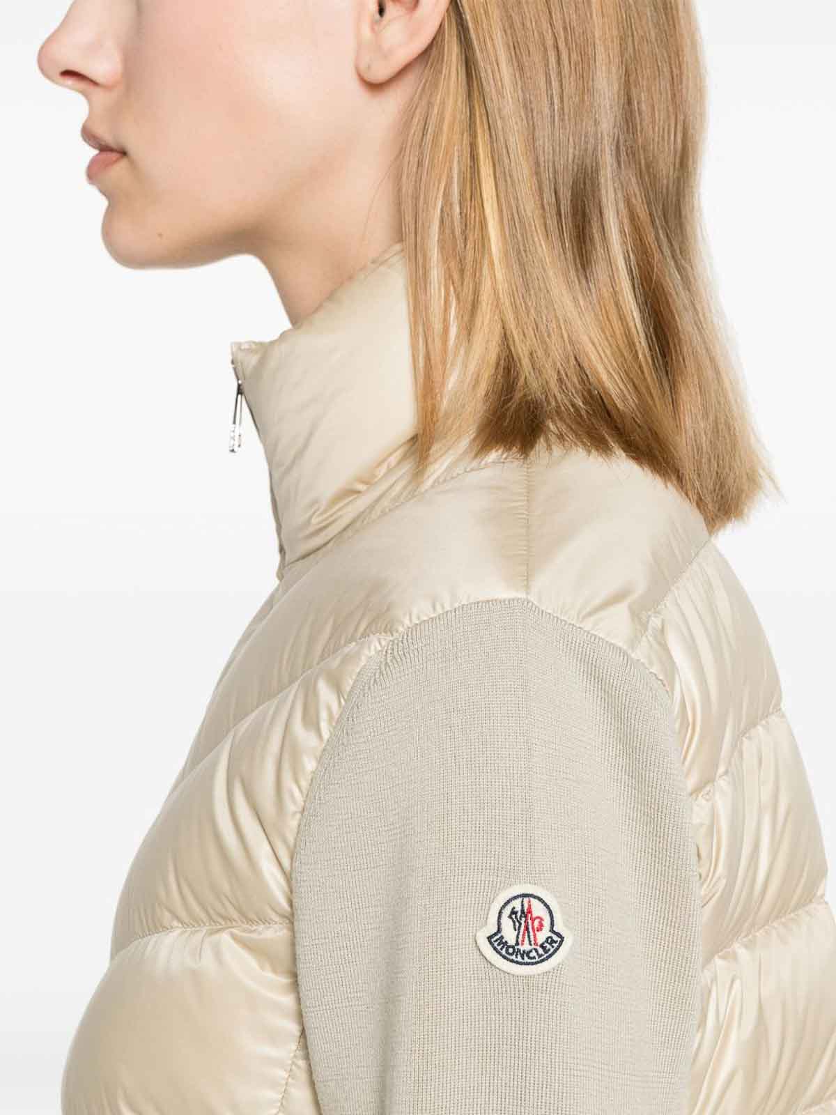 Moncler Quilted High Neck Two-material Cardigan With Feather Padding In Neutral