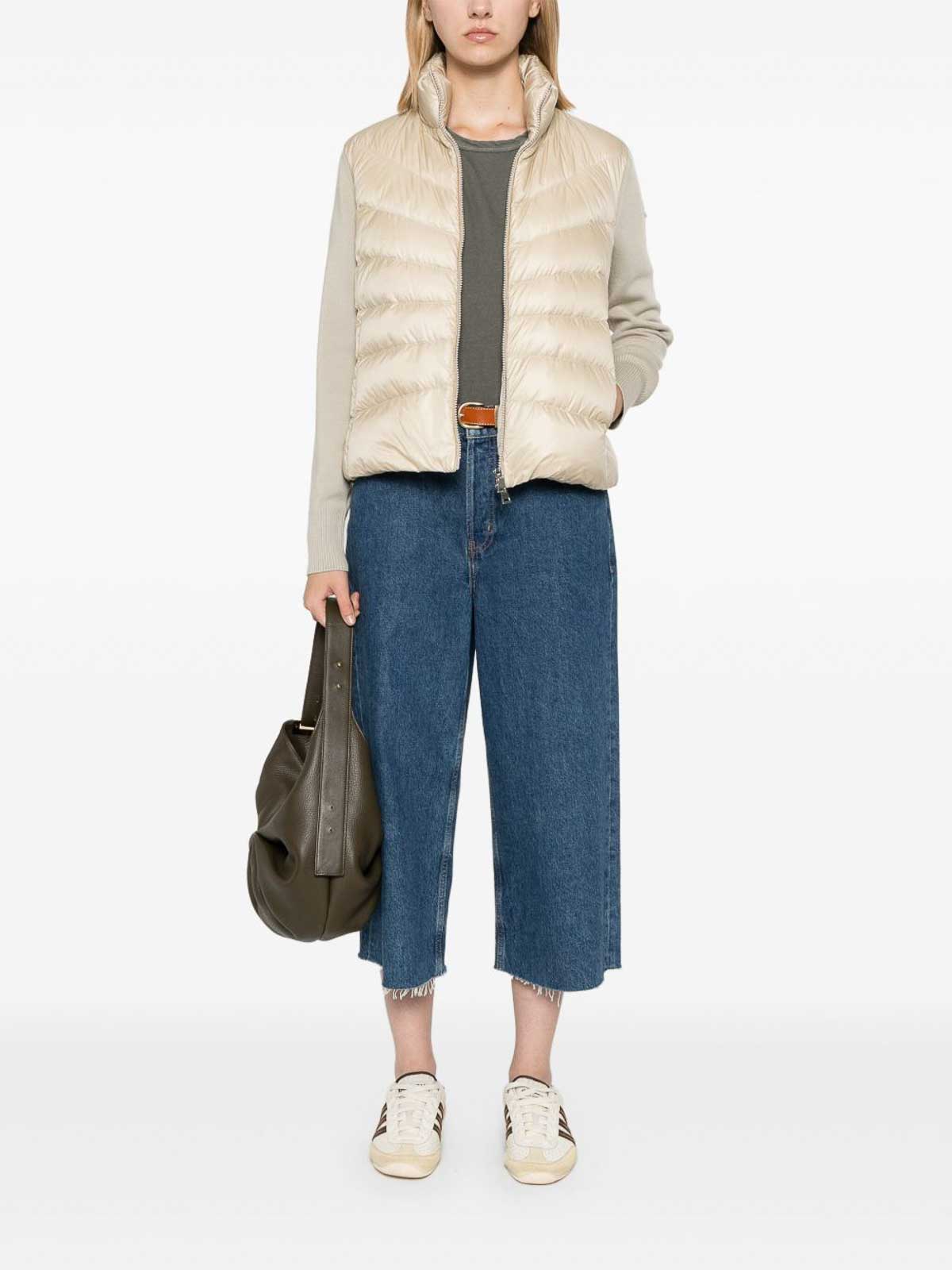 Moncler Quilted High Neck Two-material Cardigan With Feather Padding In Neutral