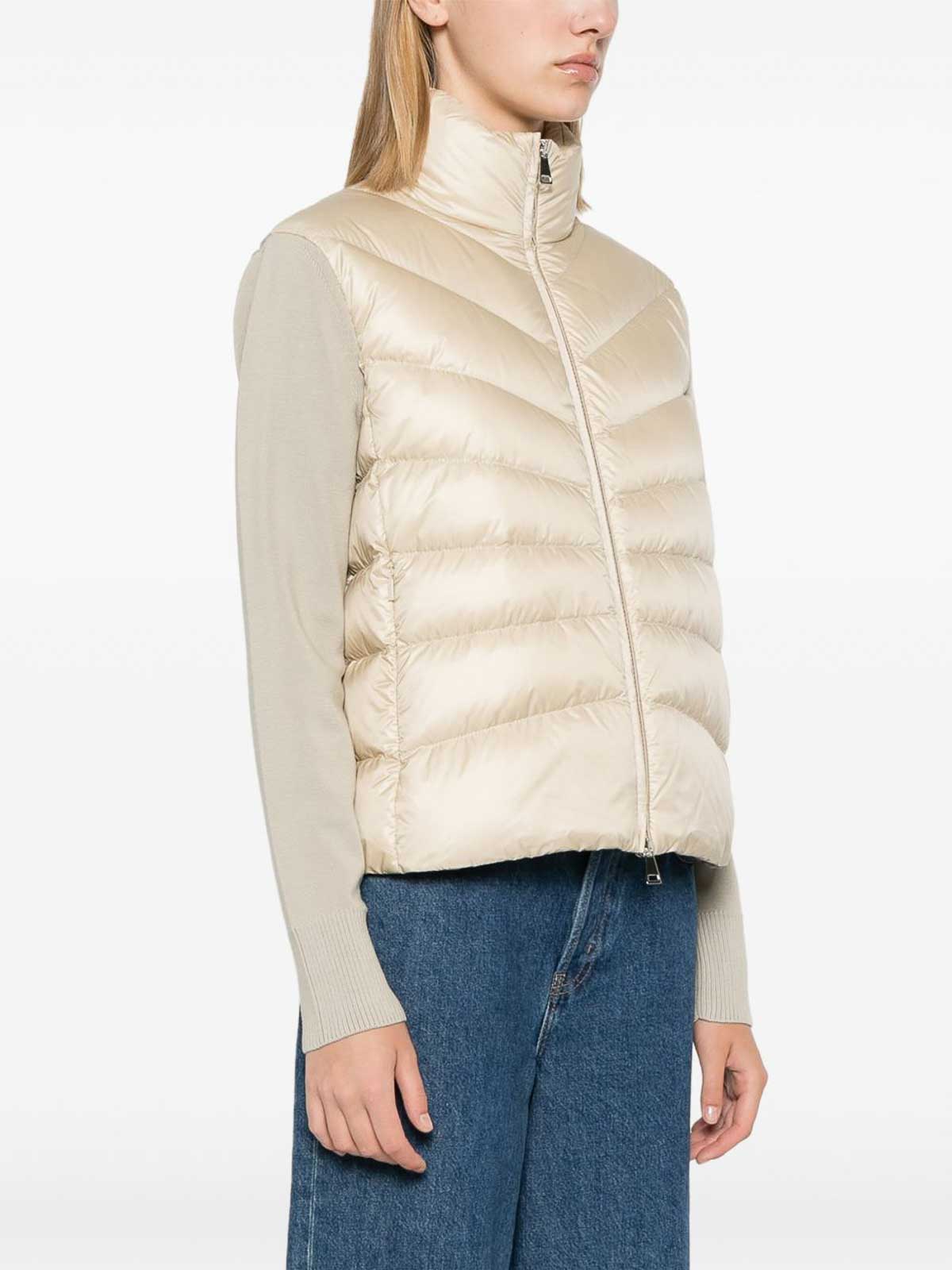 Moncler Quilted High Neck Two-material Cardigan With Feather Padding In Neutral