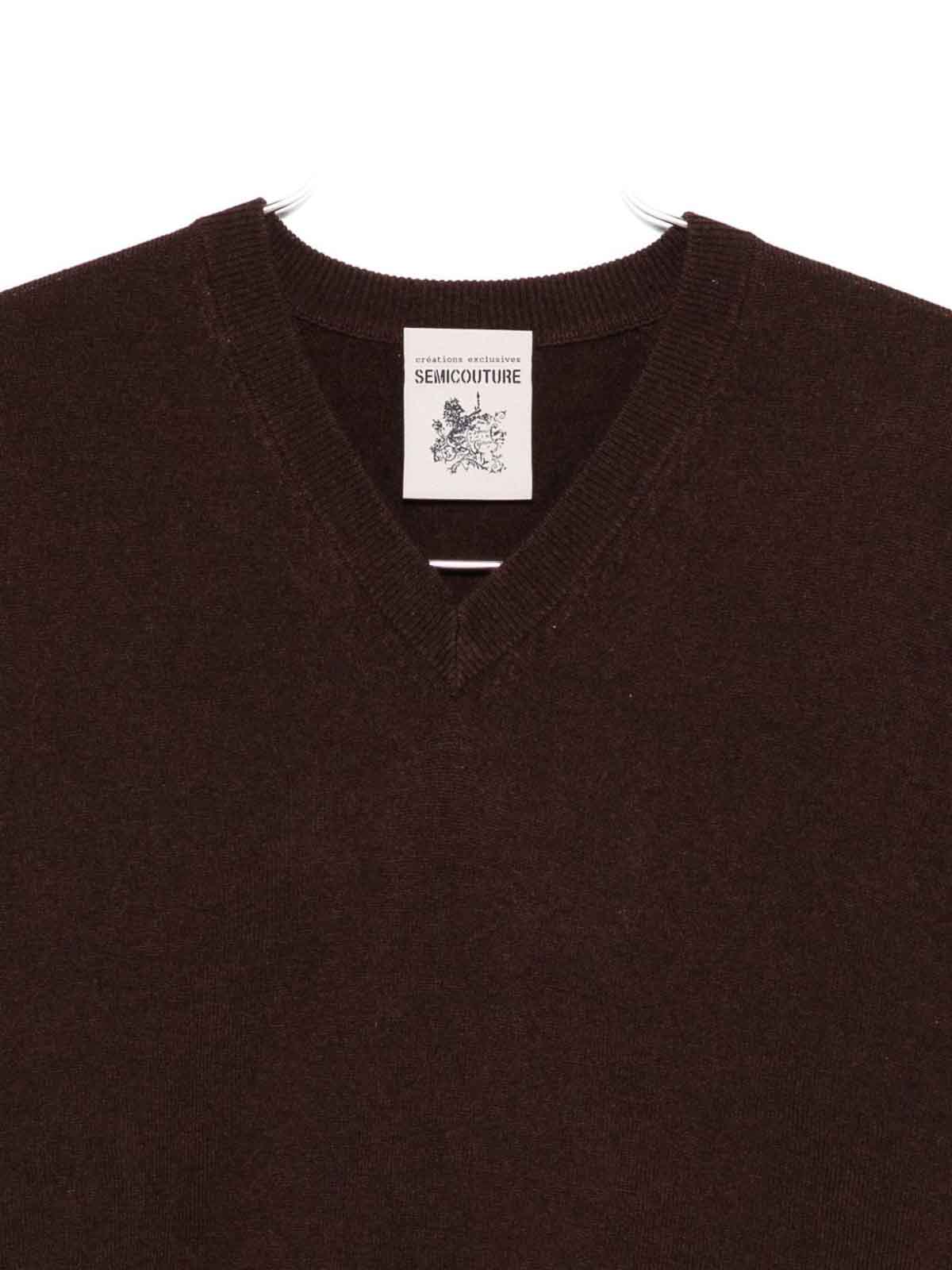 Semicouture Deep V-neck Brown Wool-cashmere Sweater In Brown