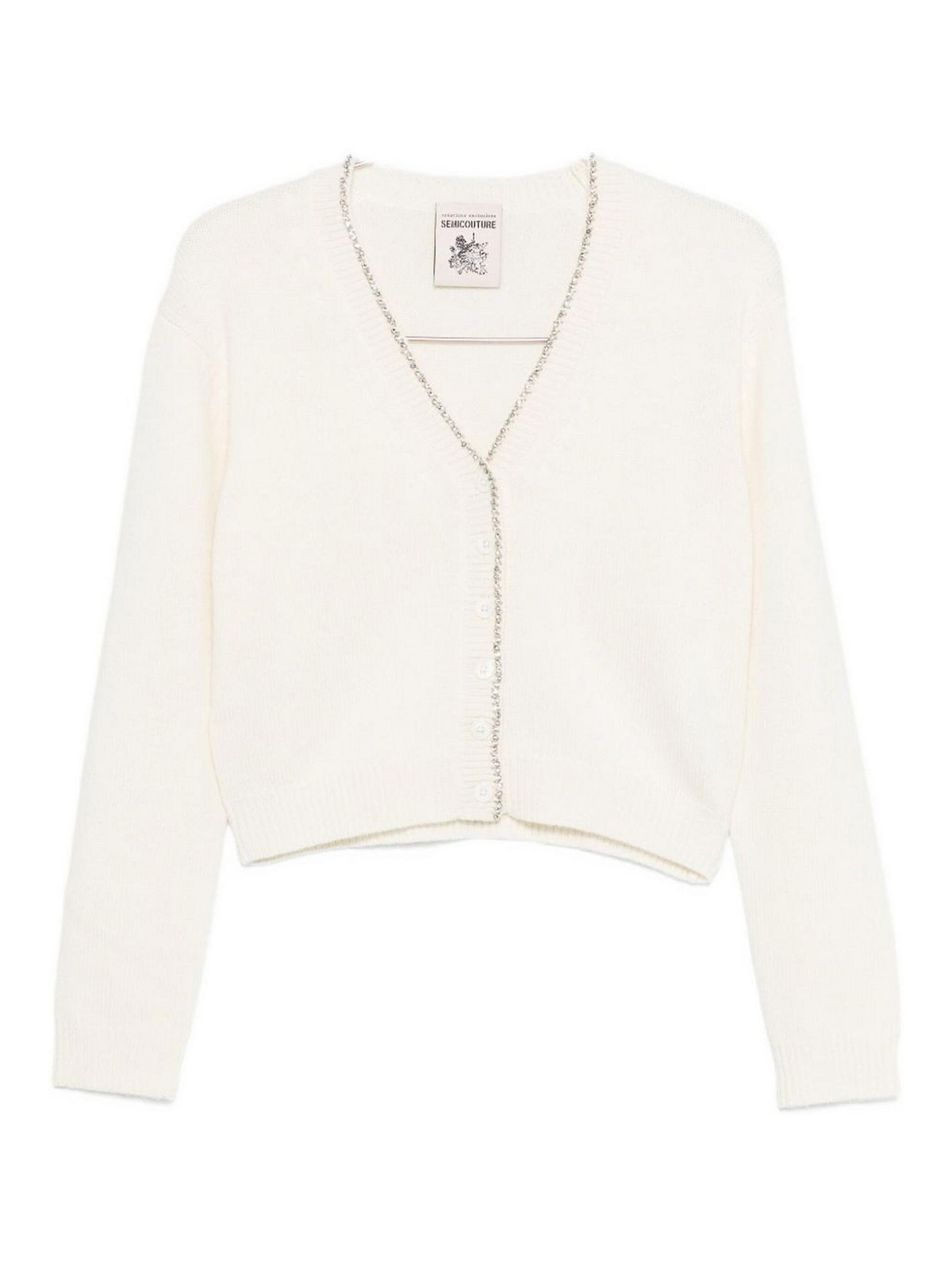 Semicouture Cropped White Sweater With V-neckline In Neutral