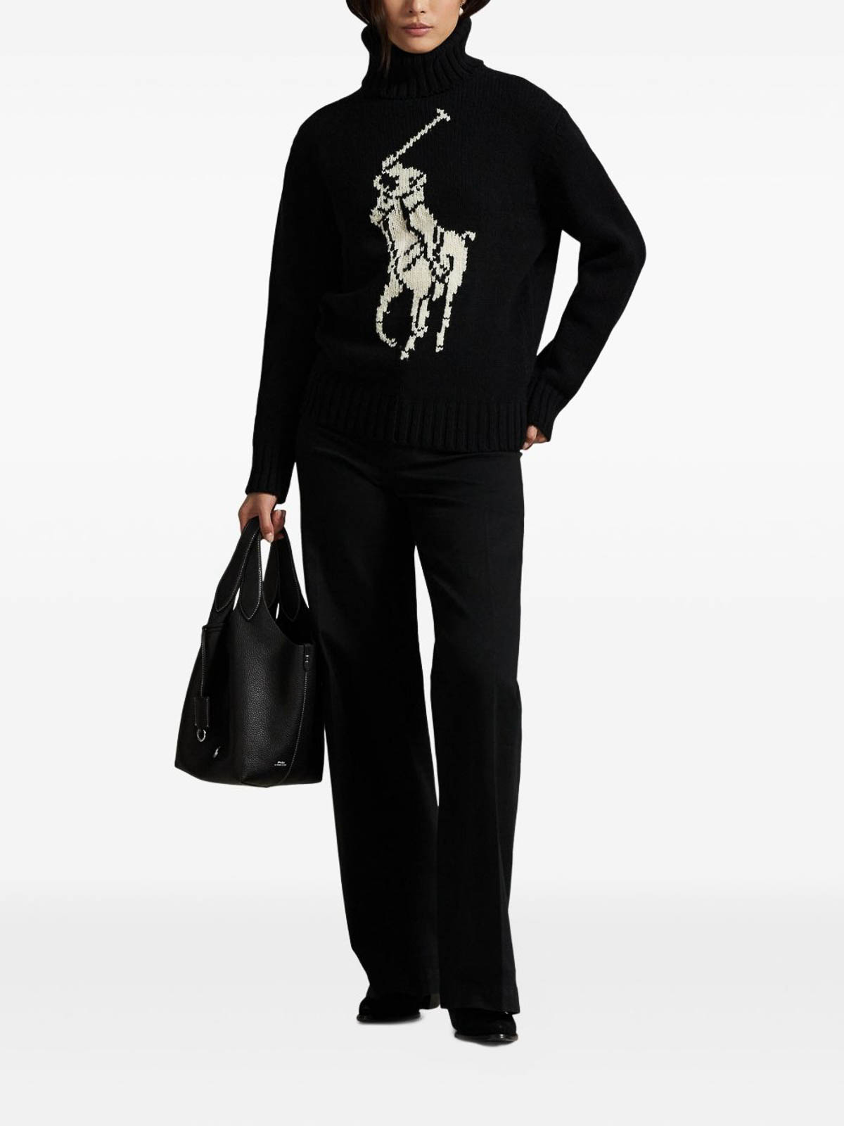Polo Ralph Lauren Contrasting Graphic Wool Turtleneck Sweater In Black