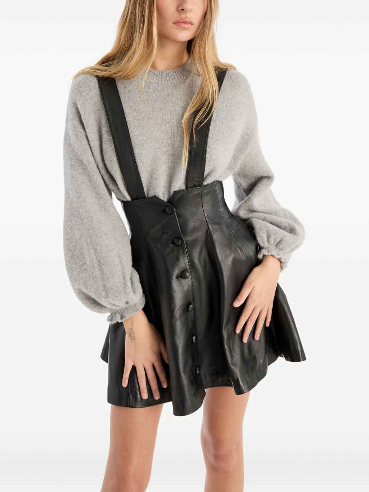 Rotate Birger Christensen Flared Black Leather Mini Skirt In Black