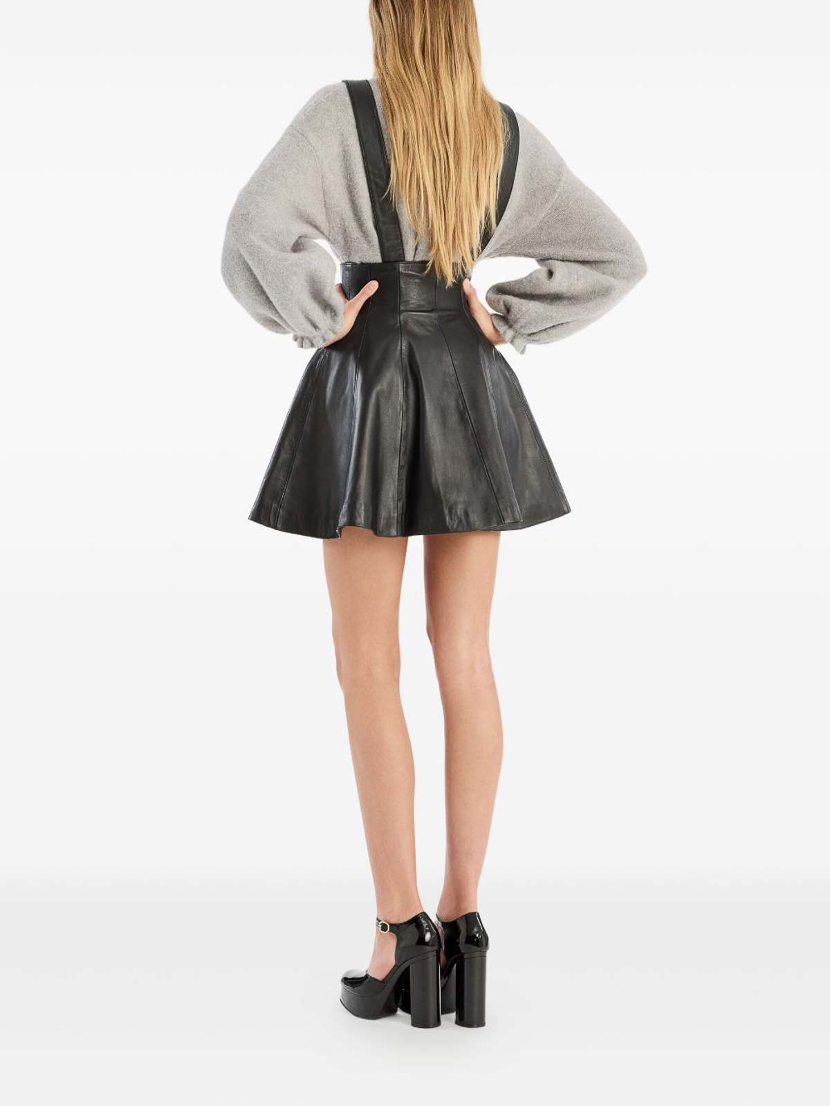 Rotate Birger Christensen Flared Black Leather Mini Skirt In Black