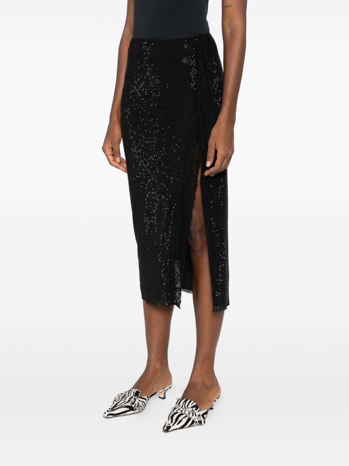 Self-portrait Fitted Midi Skirt With Subtle Shimmer In Black