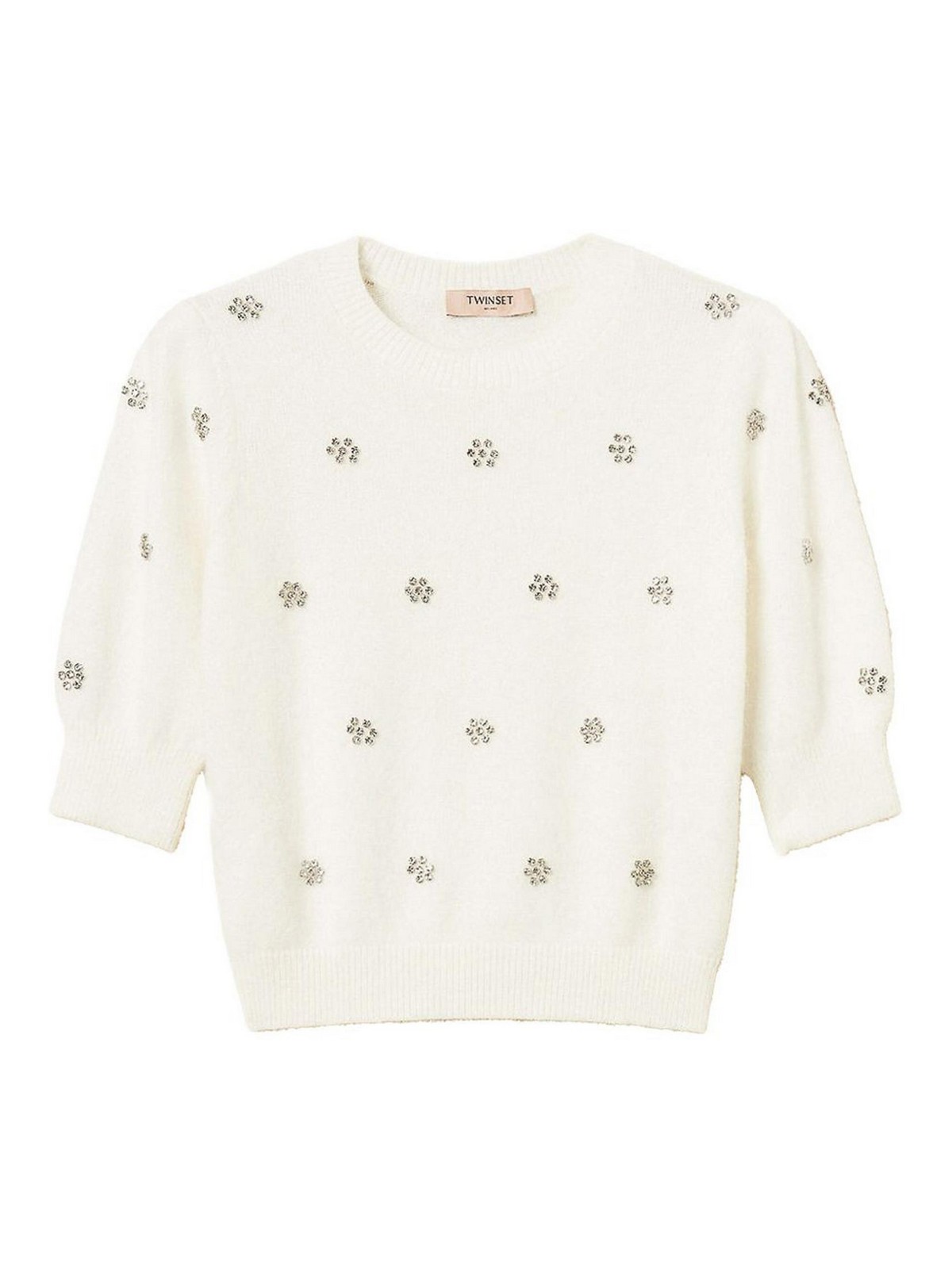 Twinset Creamy White Sweater With Floral Embellishments In Neutral