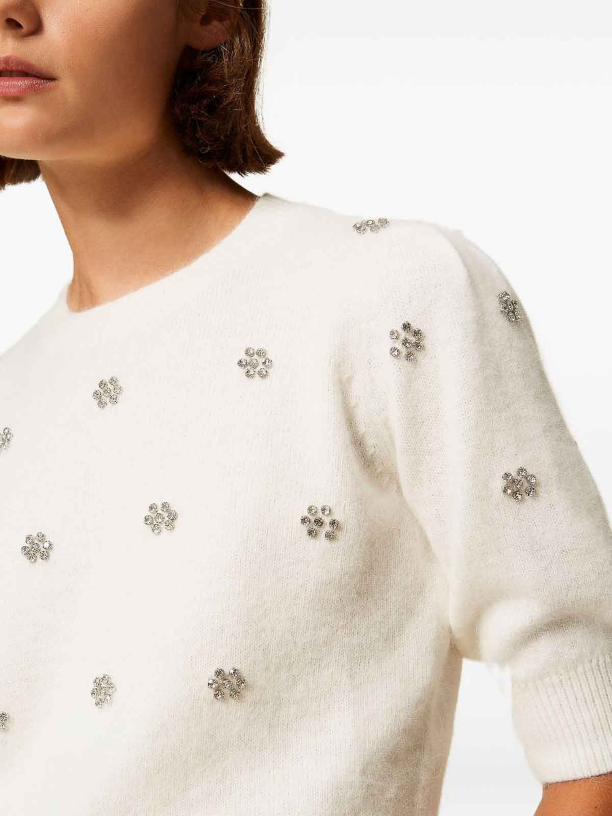 Twinset Creamy White Sweater With Floral Embellishments In Neutral