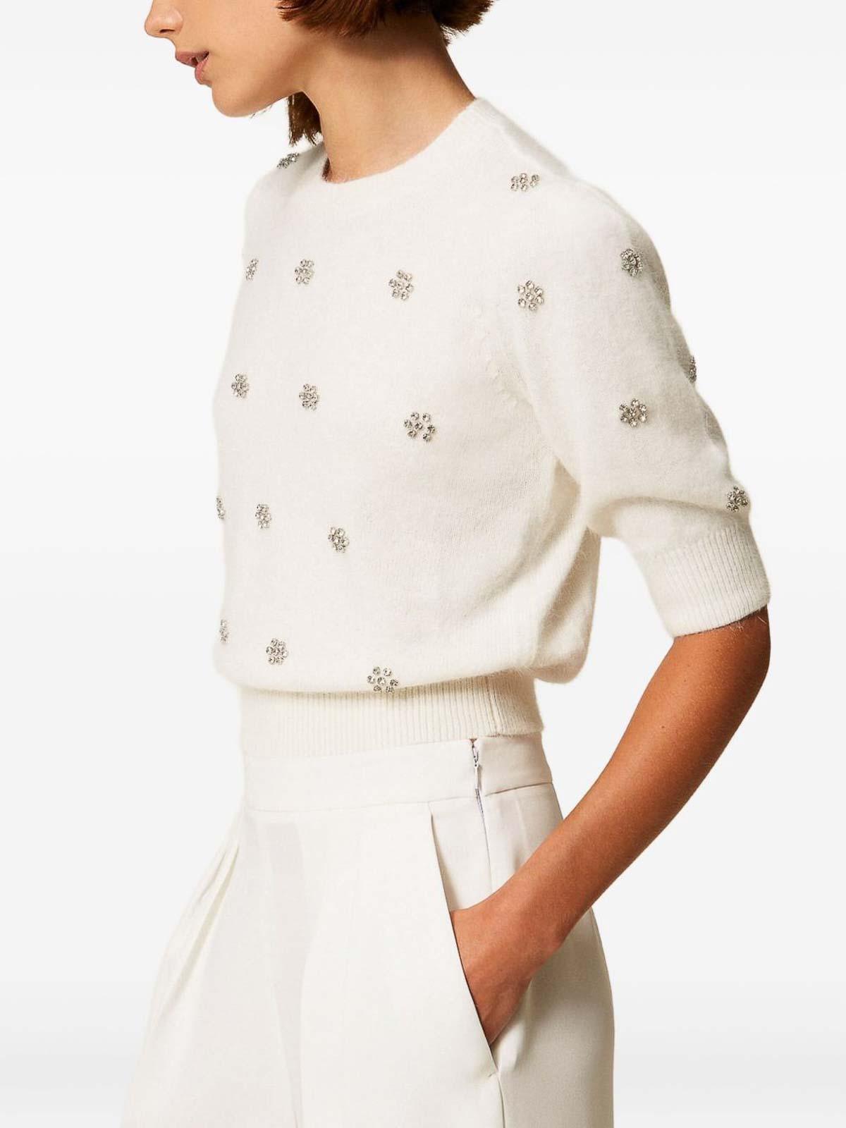 Twinset Creamy White Sweater With Floral Embellishments In Neutral
