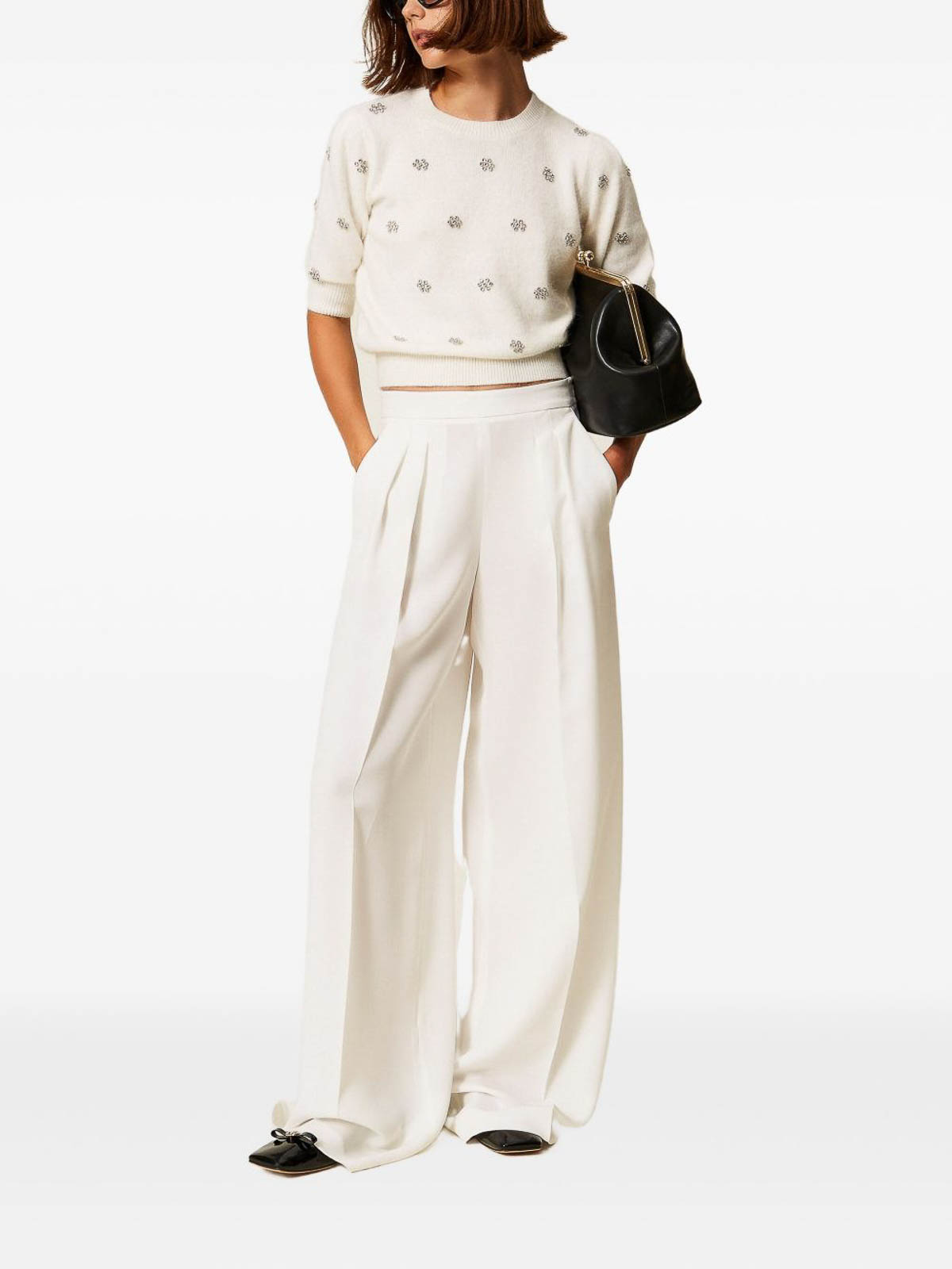 Twinset Creamy White Sweater With Floral Embellishments In Neutral