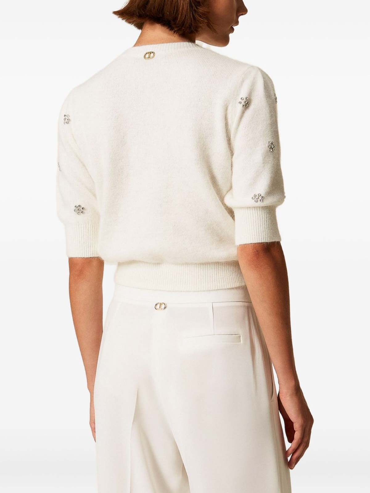 Twinset Creamy White Sweater With Floral Embellishments In Neutral