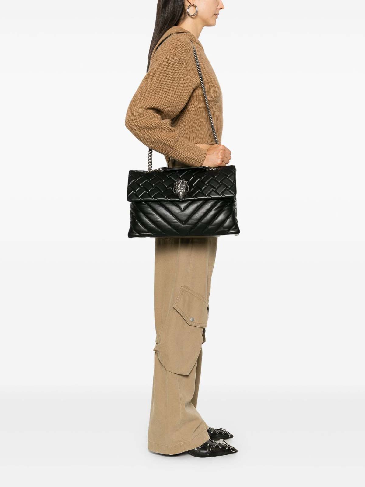 Kurt Geiger Chevron Quilted Leather Shoulder Bag With Silver-tone Accents In Black