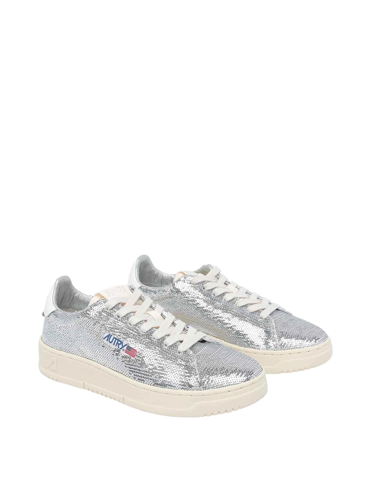 Autry Sequined Low Top Sneakers With Fabric Upper In Silver