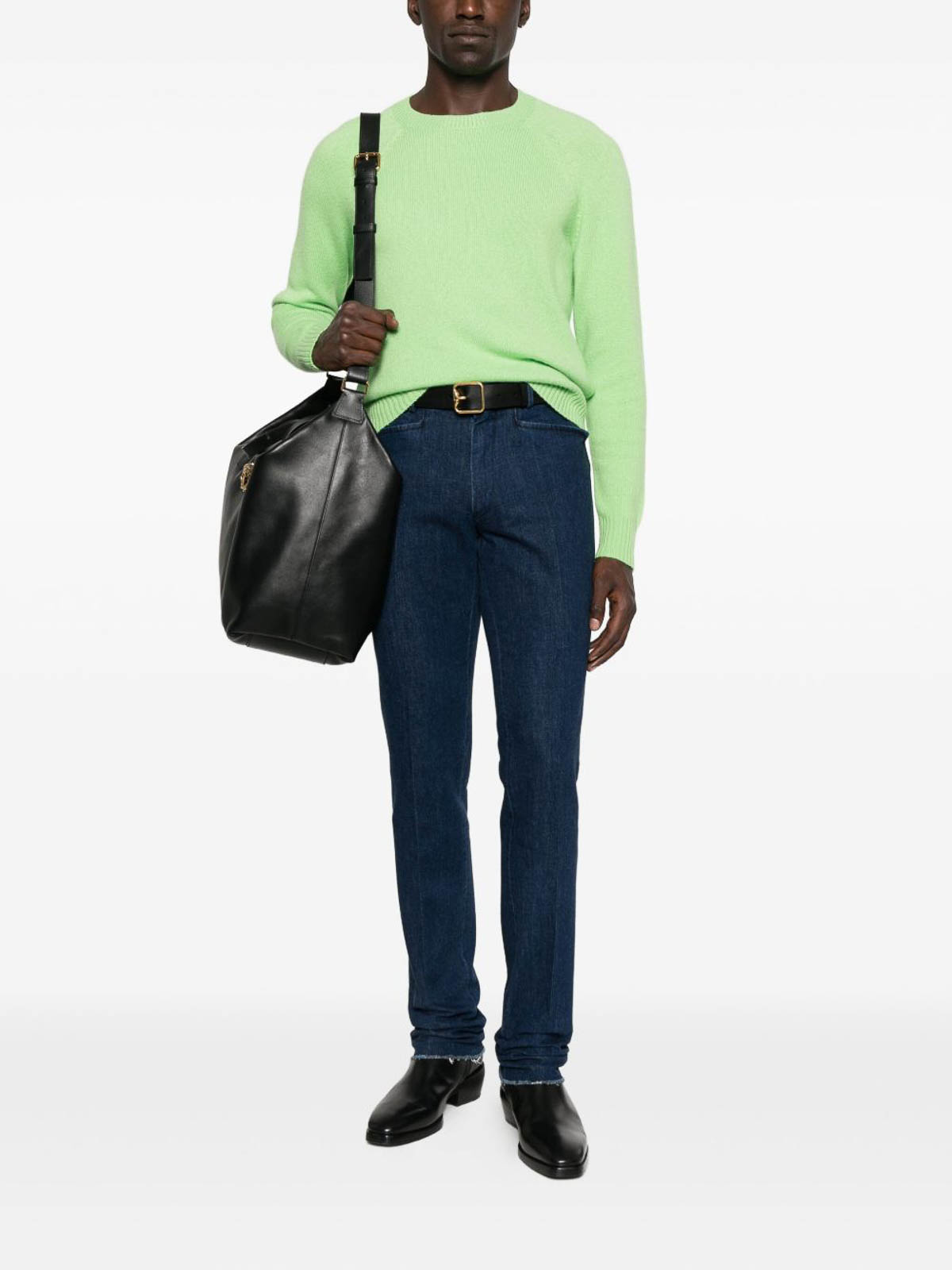 Tom Ford Felted Pure Cashmere Long Sleeves Crew Neck Sweater In Green
