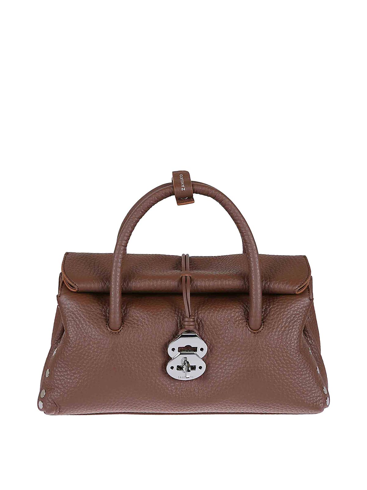 Zanellato Hammered Leather Shoulder Bag With Twist Lock And Studded Accents In Brown
