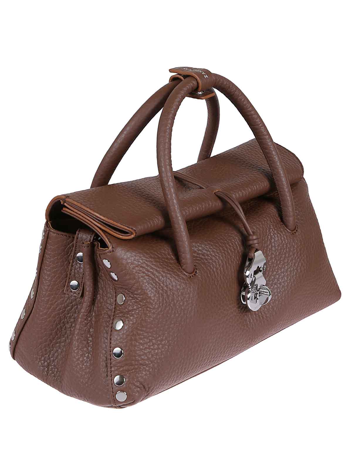 Zanellato Hammered Leather Shoulder Bag With Twist Lock And Studded Accents In Brown
