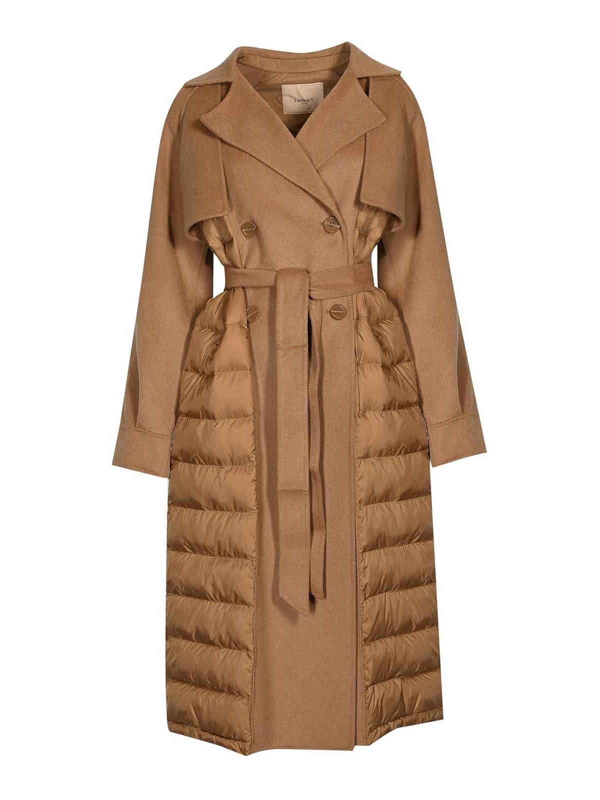 Twinset Wool Coat With Quilted Nylon Inserts In Brown