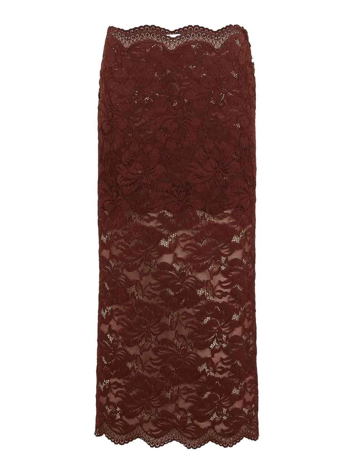 Rabanne Floral Lace Brown Midi Skirt With Scalloped Hem In Brown