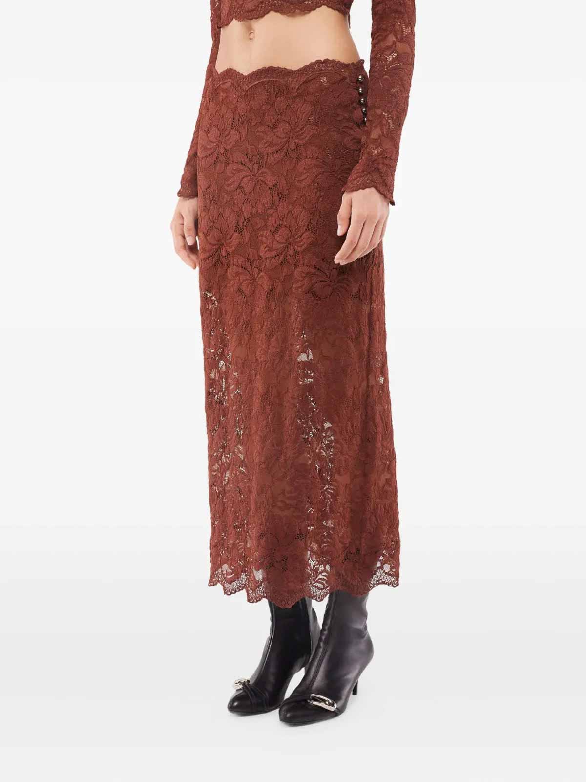 Rabanne Floral Lace Brown Midi Skirt With Scalloped Hem In Brown