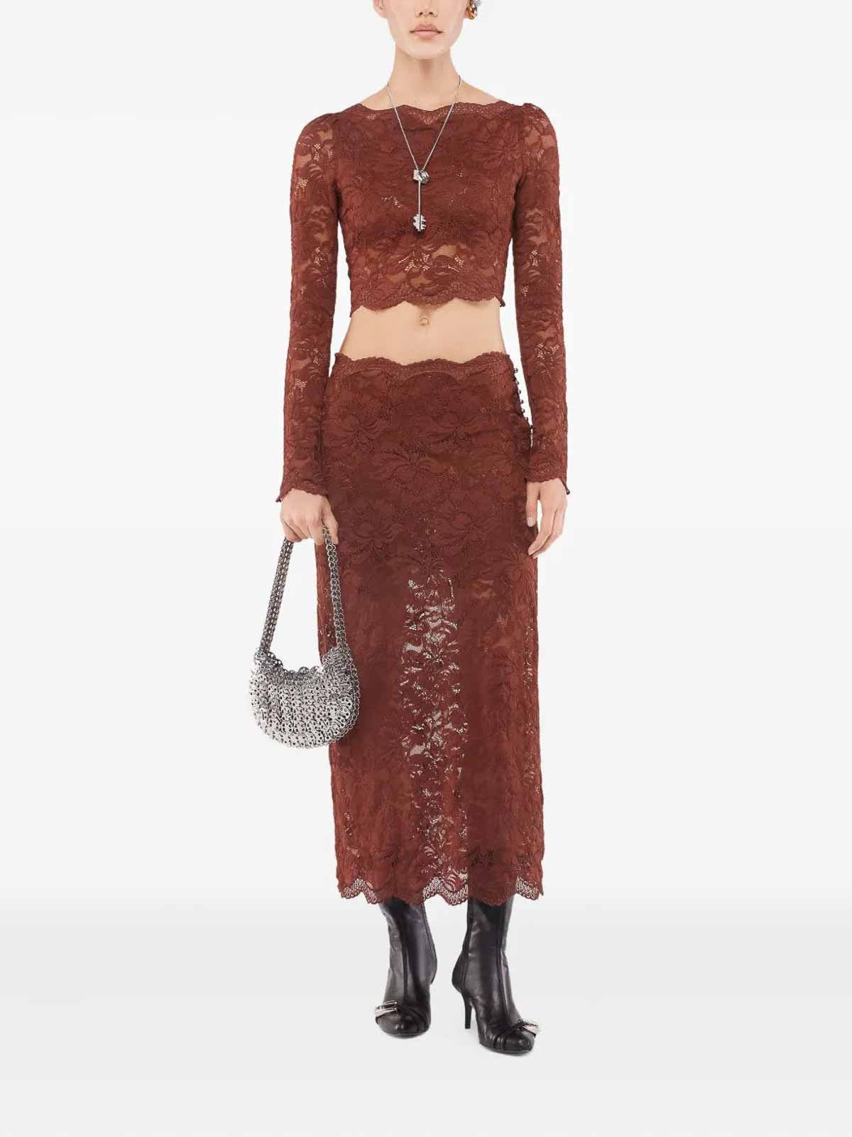Rabanne Floral Lace Brown Midi Skirt With Scalloped Hem In Brown