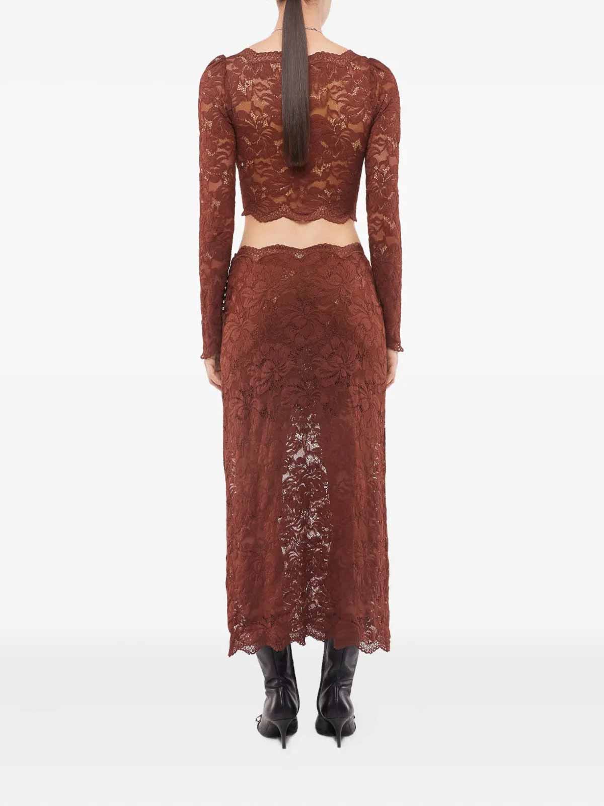 Rabanne Floral Lace Brown Midi Skirt With Scalloped Hem In Brown