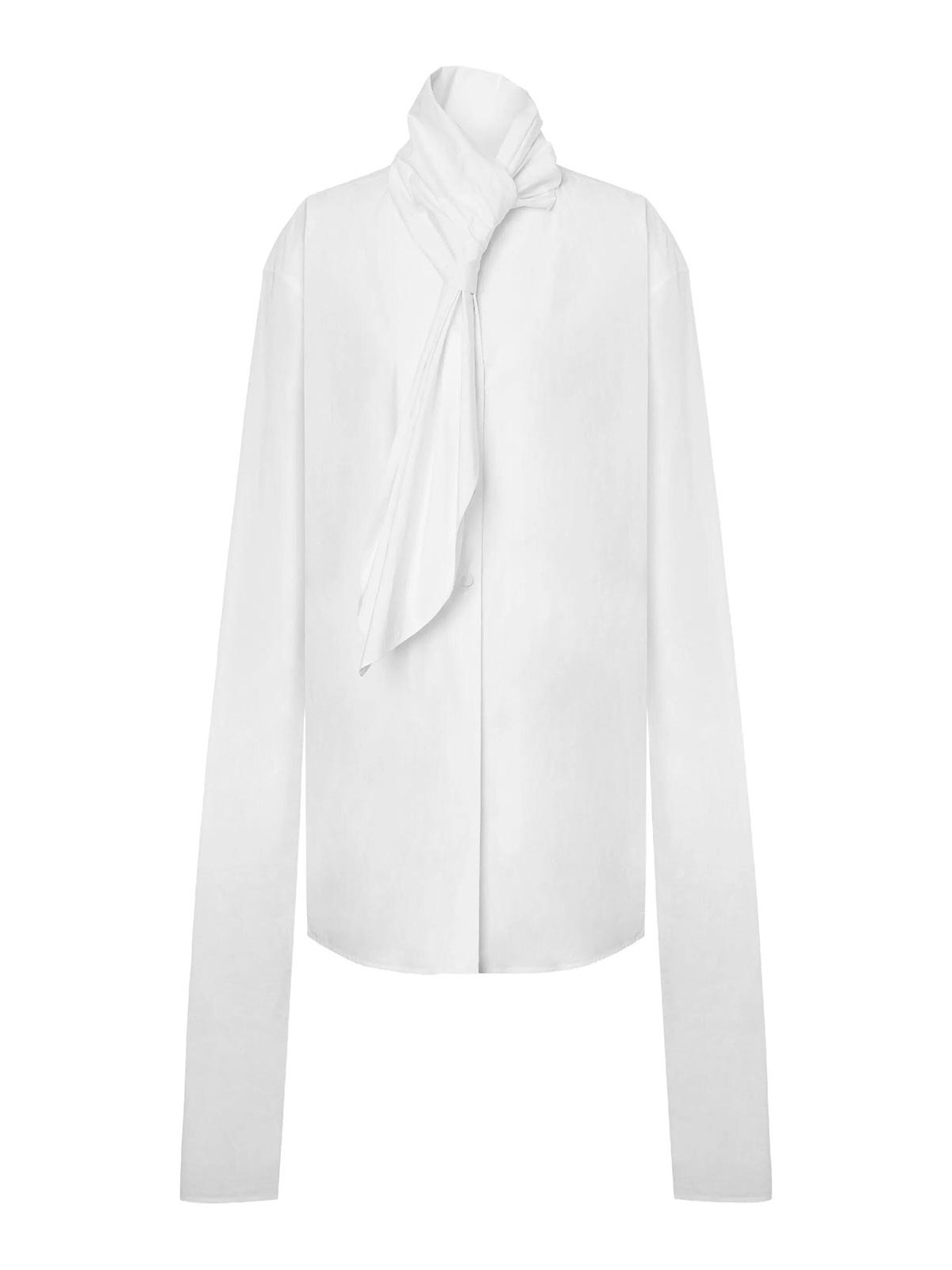 Alberta Ferretti Long Sleeve Collarless Shirt With Scarf Detail In White