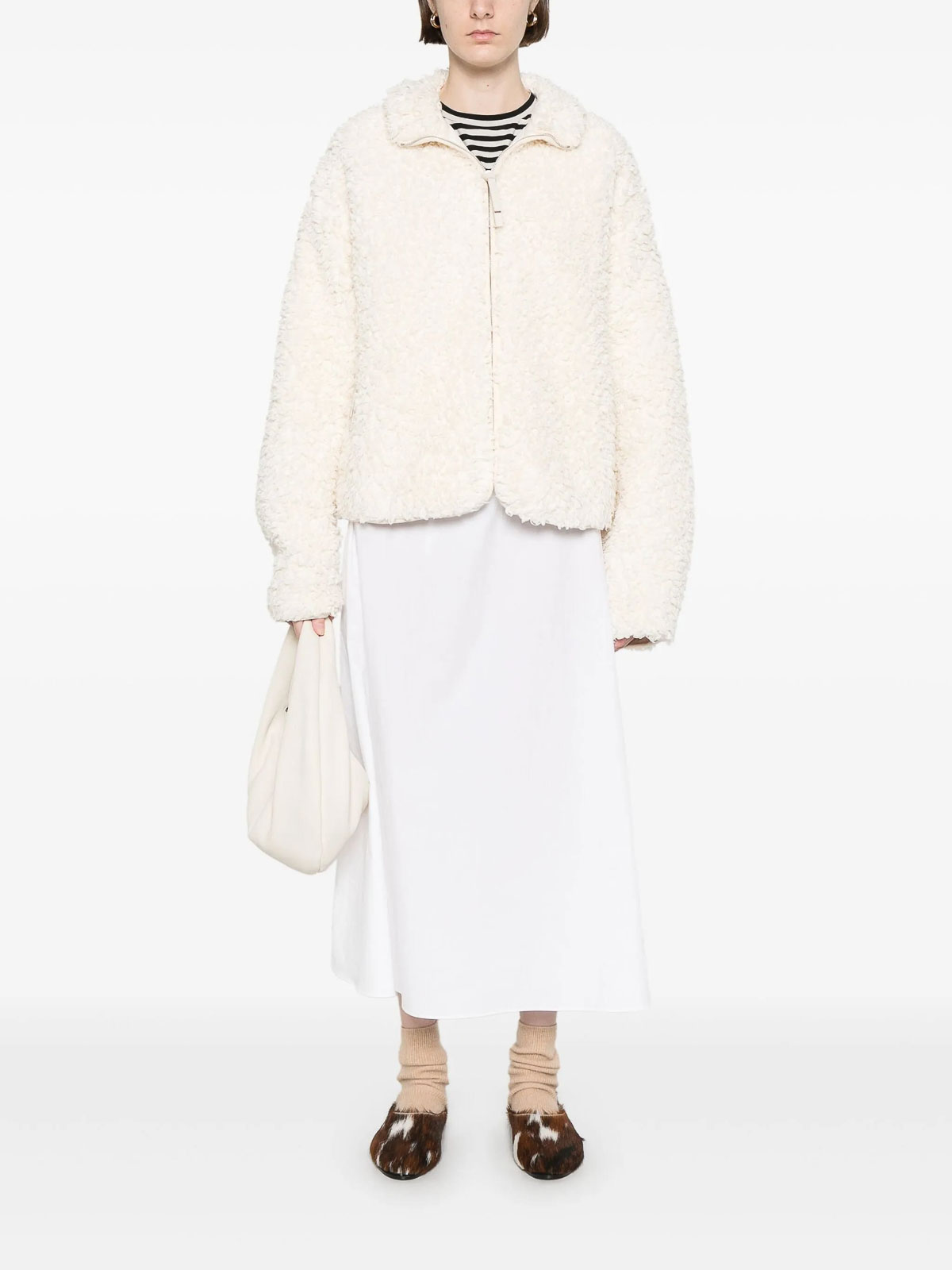Jil Sander Textured High Collar Long Sleeve Jacket In White