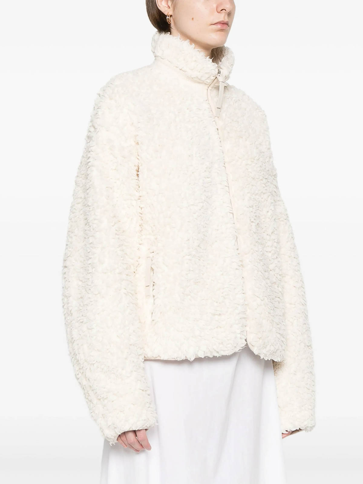 Jil Sander Textured High Collar Long Sleeve Jacket In White