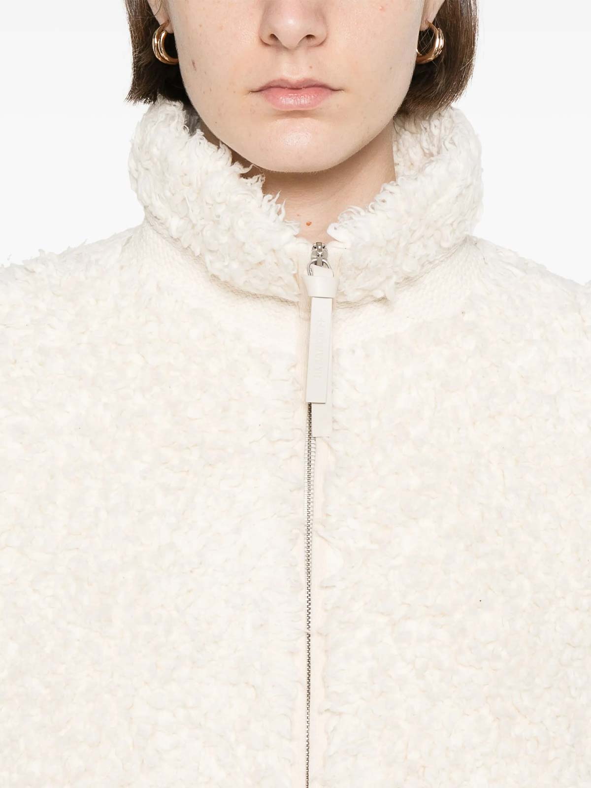 Jil Sander Textured High Collar Long Sleeve Jacket In White