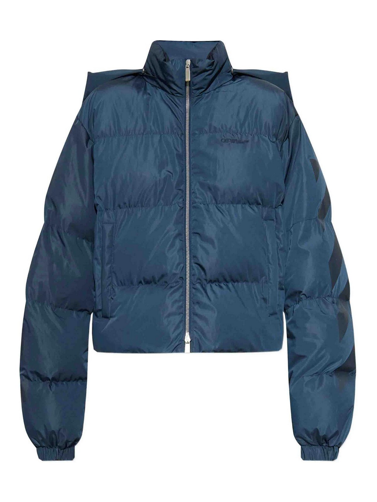 Off-white Cropped Hooded Puffer Jacket With High Collar In Blue