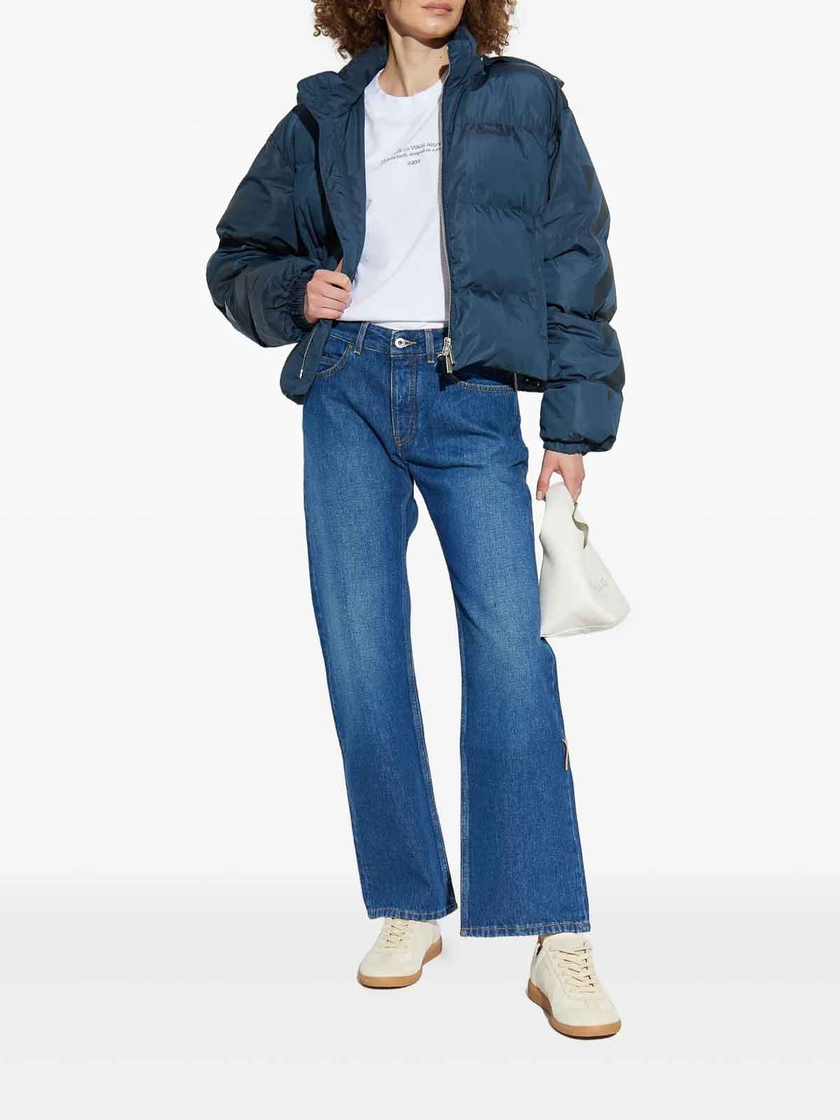 Off-white Cropped Hooded Puffer Jacket With High Collar In Blue
