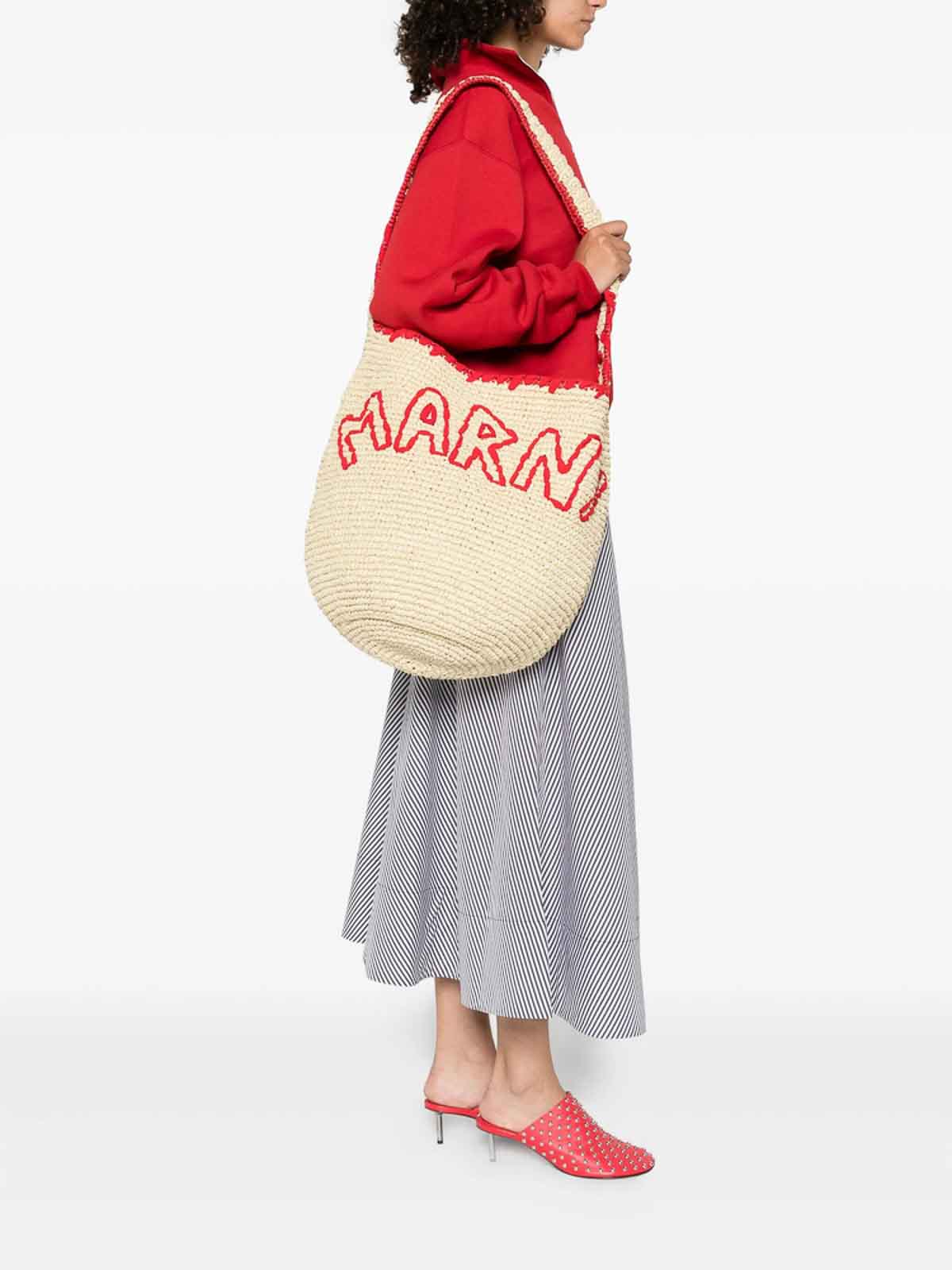 Marni Woven Shoulder Bag With Bold Red Accents In Sand
