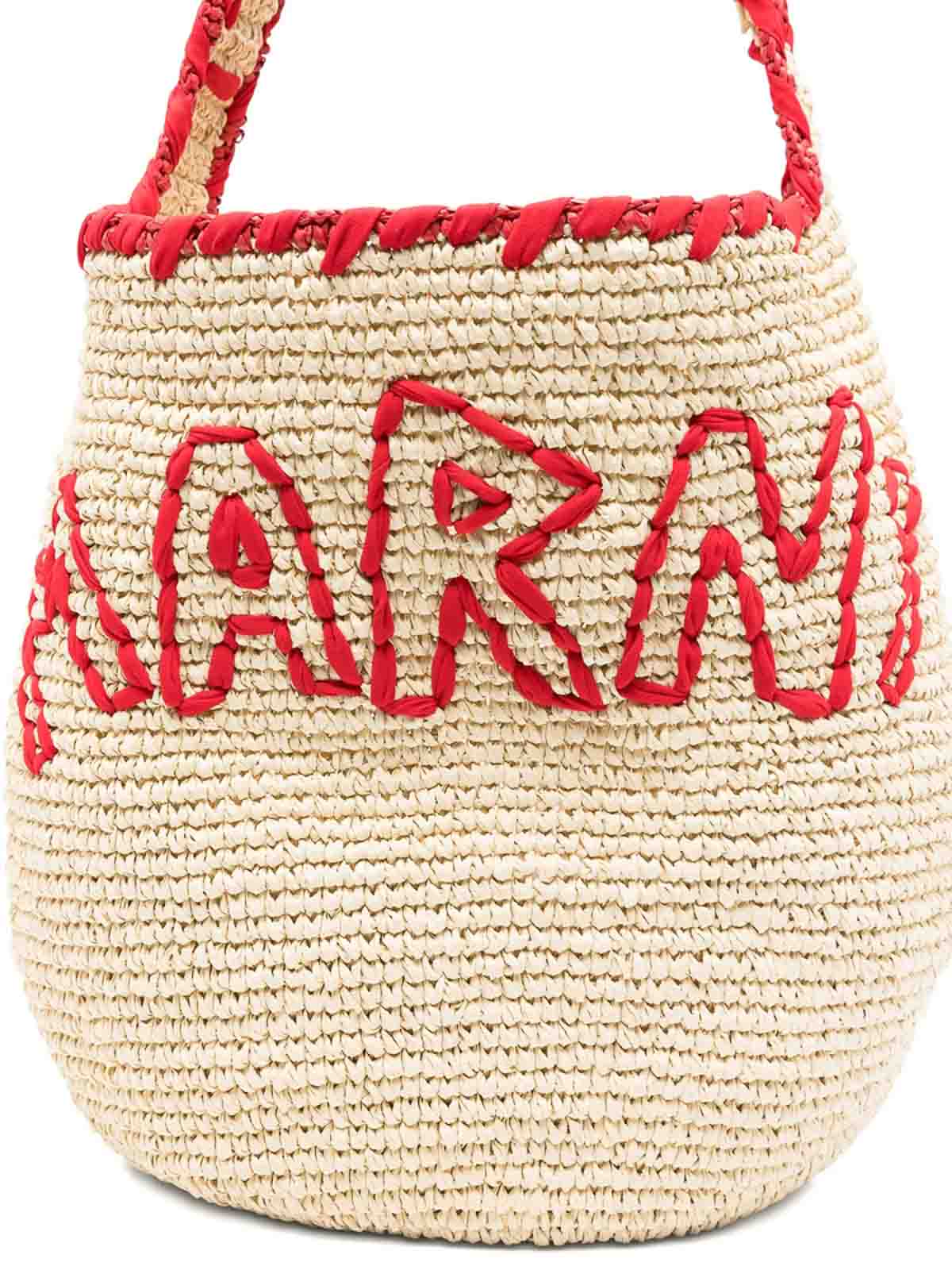 Marni Woven Shoulder Bag With Bold Red Accents In Sand
