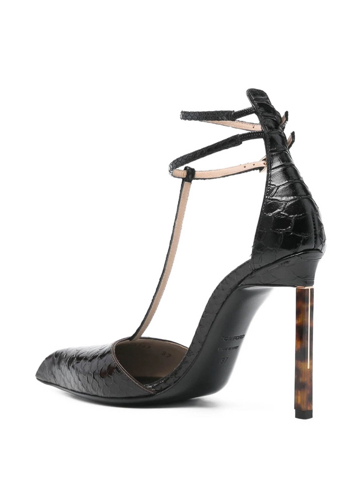 Tom Ford 105 T-strap Python Print Leather Pumps In Black