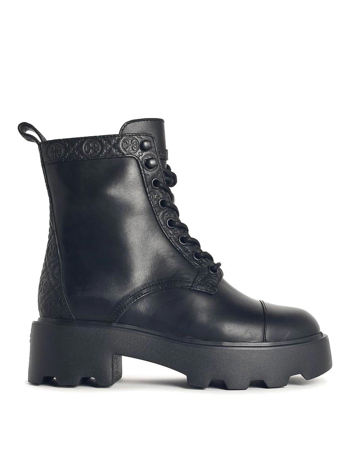 Tory Burch T Monogram Black Leather Ankle Boots In Black