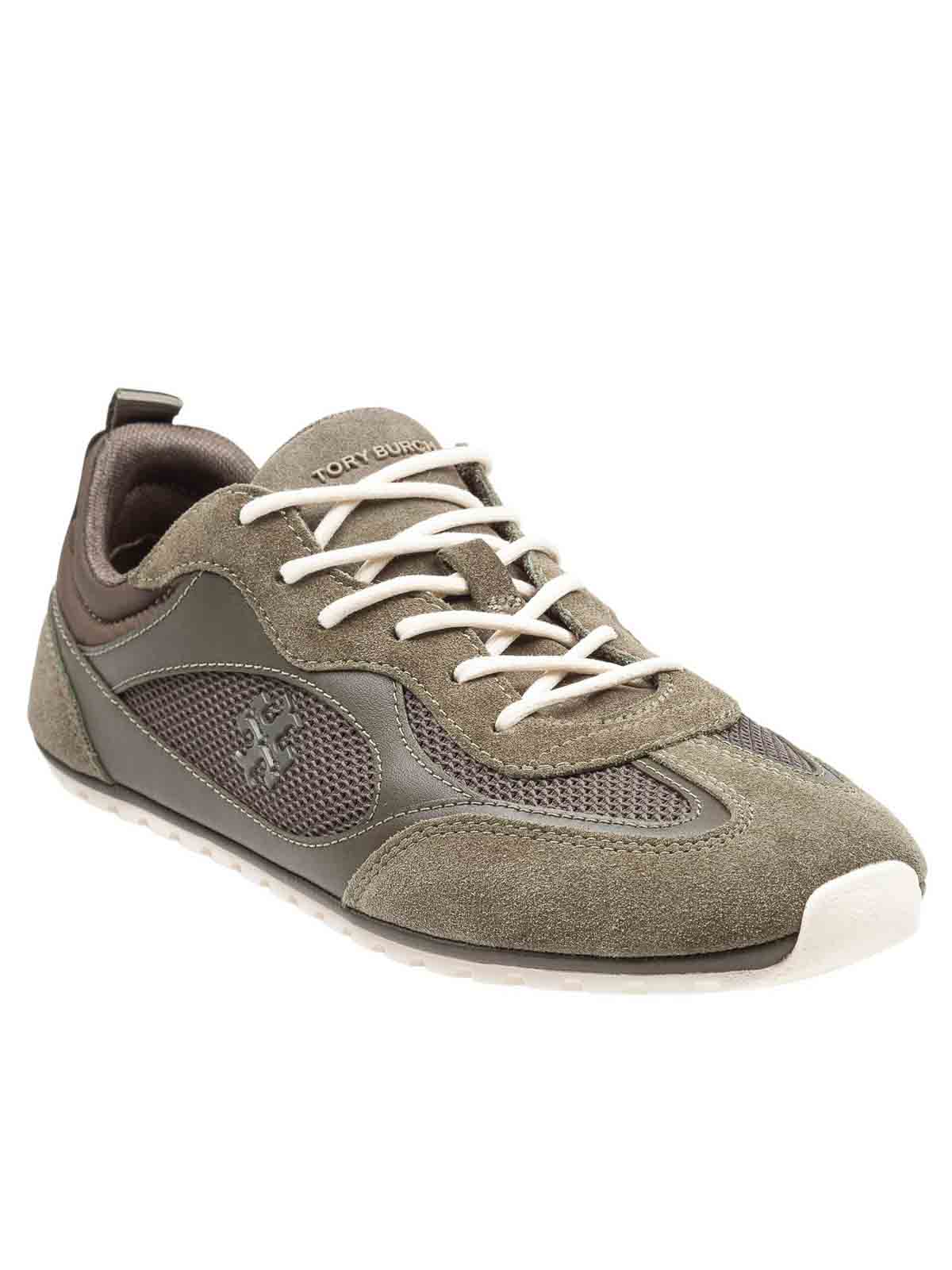 Tory Burch Field Sneaker In Suede And Mesh Olive Color In Green