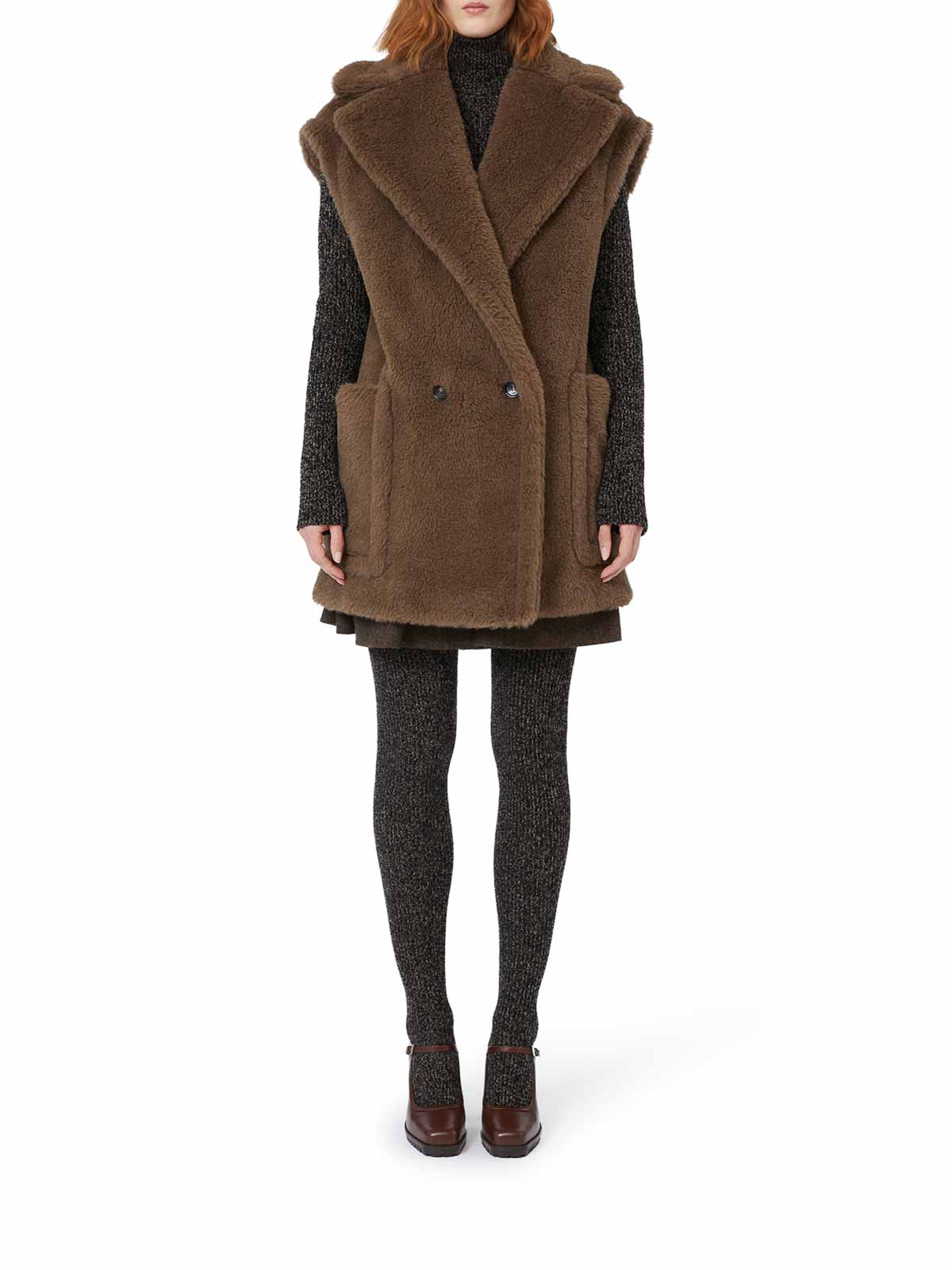Max Mara Oversized Double-breasted Teddy Vest Coat In Brown